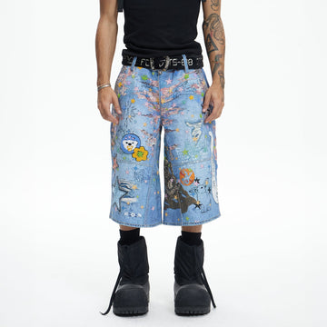 DND4DES Star Graffiti Patchwork Cartoon Denim Oversized Shorts-Shorts-XS-Free Shipping Leatheretro