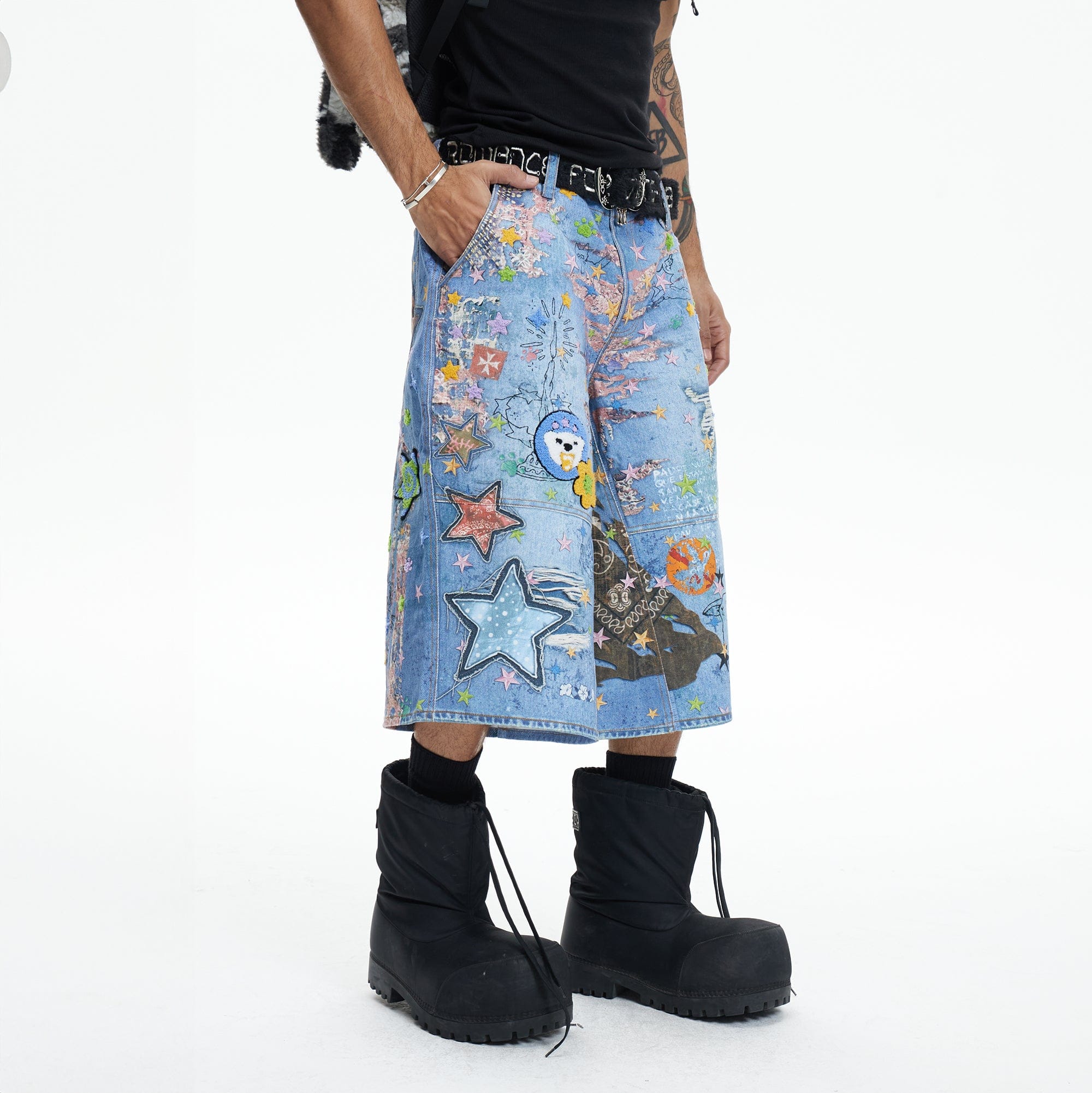 DND4DES Star Graffiti Patchwork Cartoon Denim Oversized Shorts-Shorts-XS-Free Shipping Leatheretro