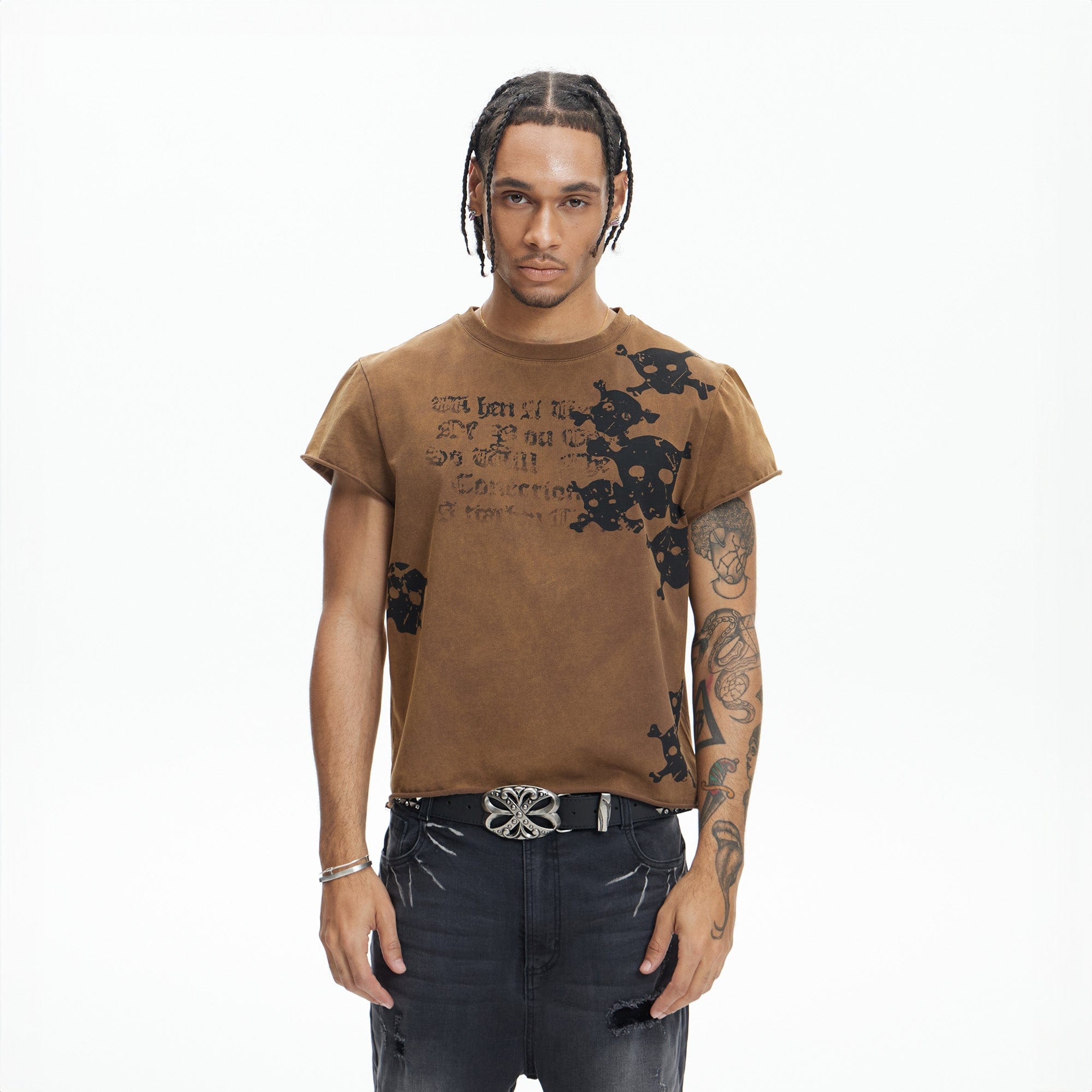 DND4DES Distressed Skull Graphic T-Shirt-T Shirt-S-Beige-Free Shipping Leatheretro