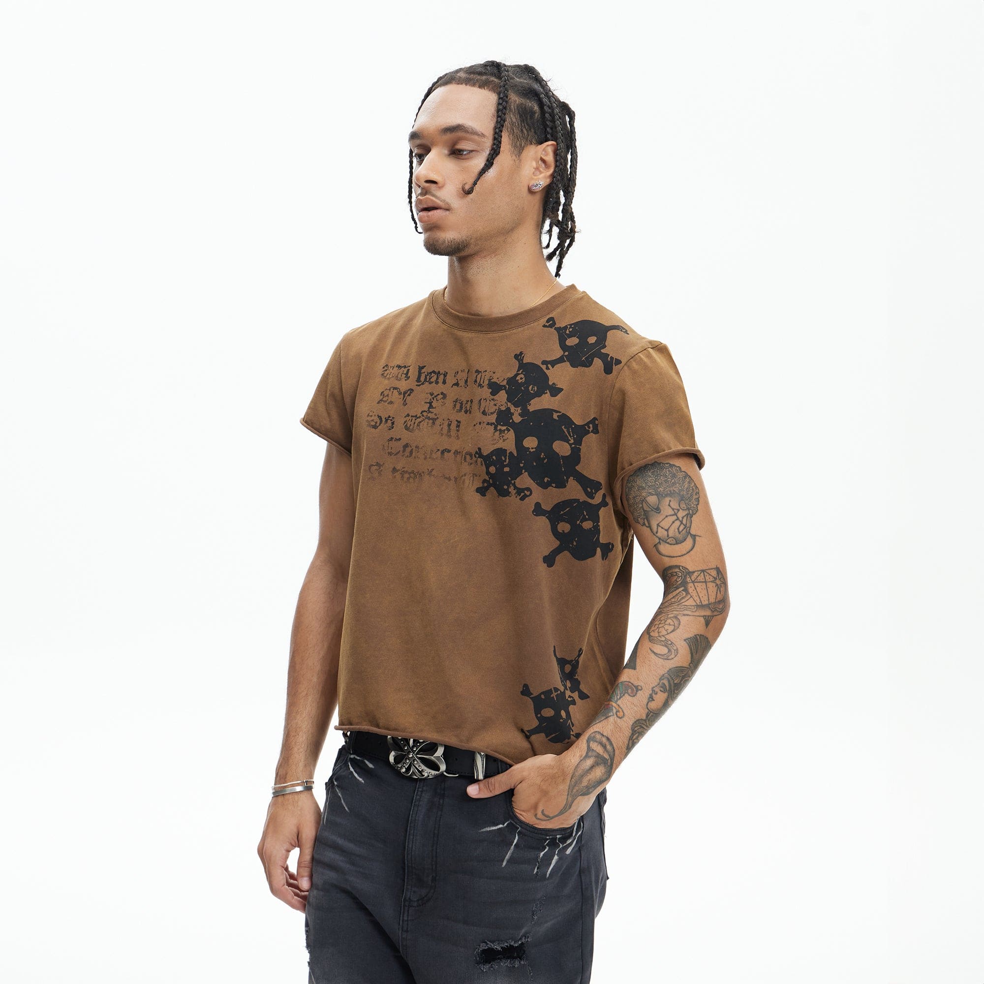 DND4DES Distressed Skull Graphic T-Shirt-T Shirt-S-Beige-Free Shipping Leatheretro