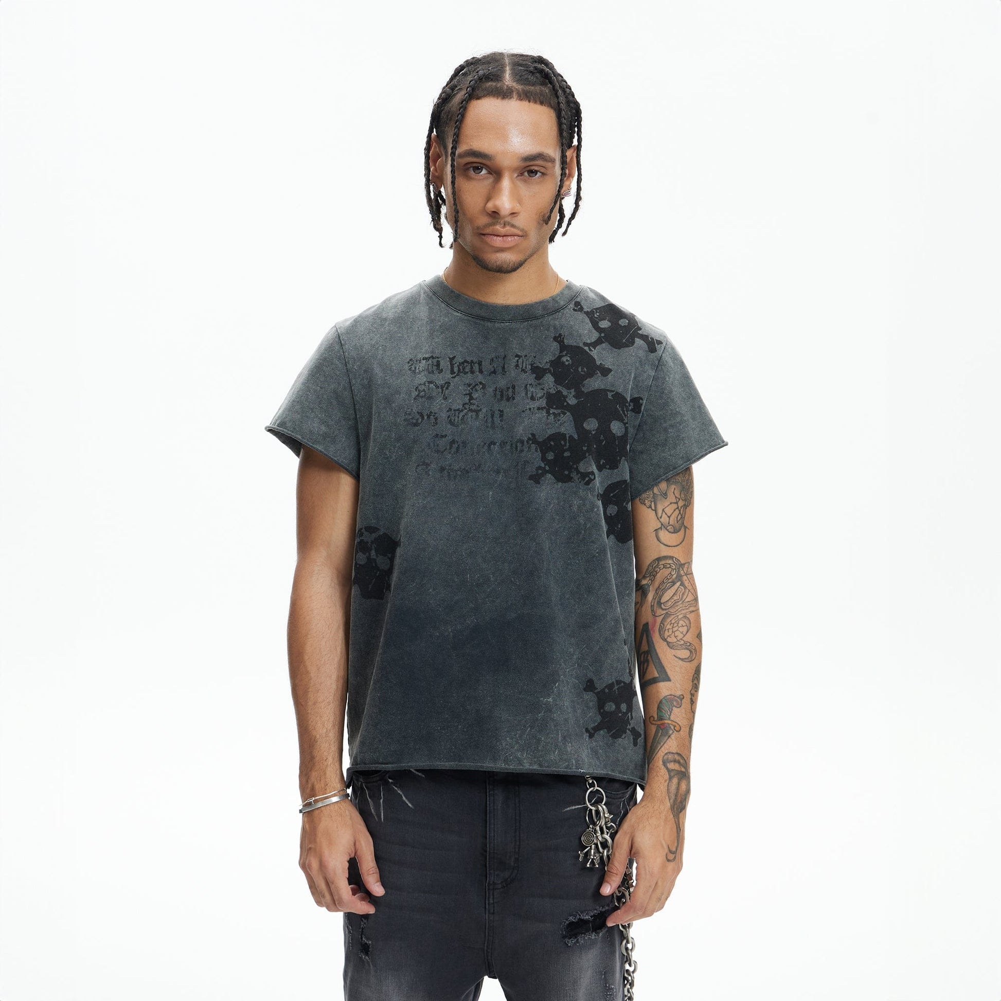 DND4DES Distressed Skull Graphic T-Shirt-T Shirt-S-Beige-Free Shipping Leatheretro