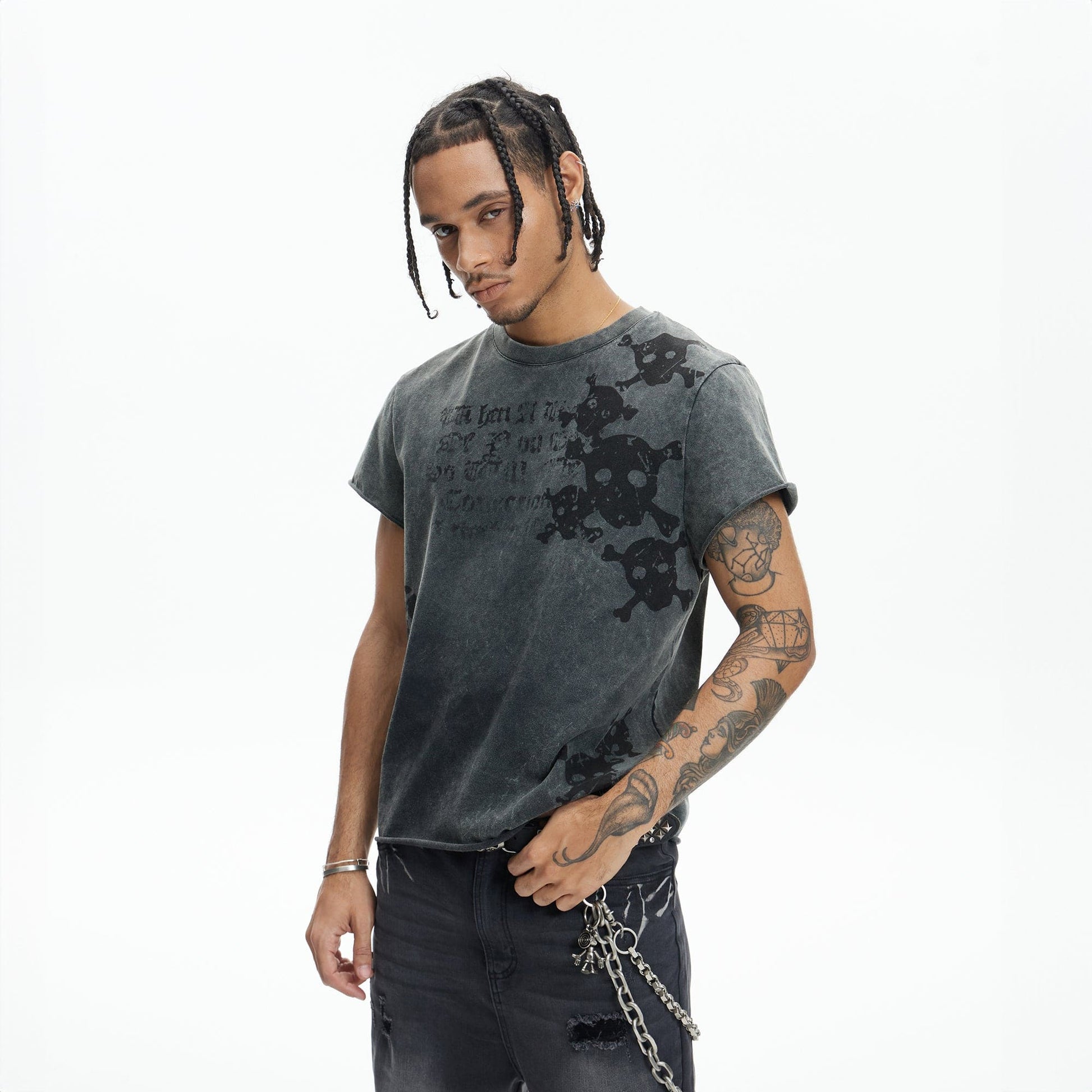 DND4DES Distressed Skull Graphic T-Shirt-T Shirt-S-Beige-Free Shipping Leatheretro