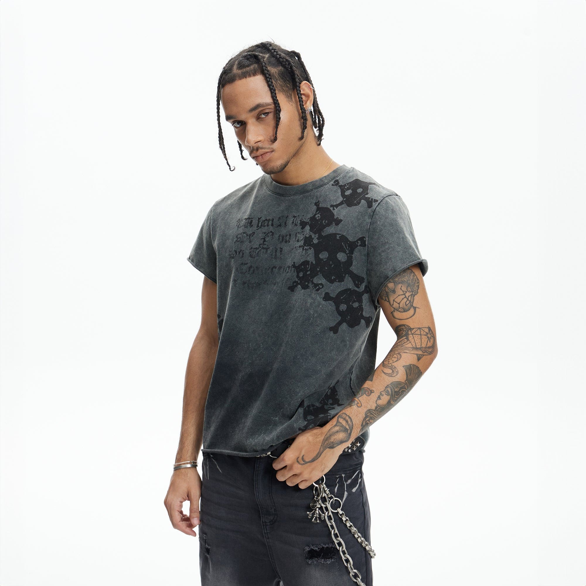 DND4DES Distressed Skull Graphic T-Shirt-T Shirt-S-Beige-Free Shipping Leatheretro