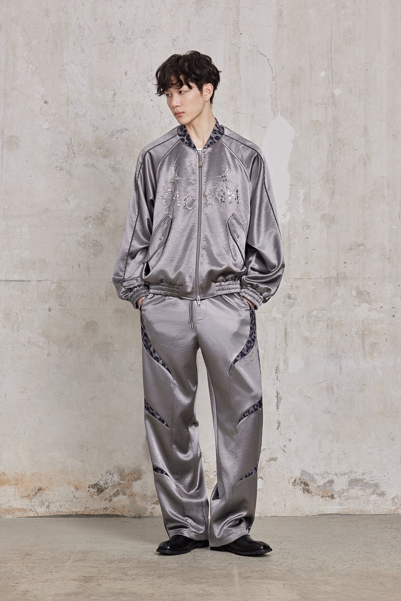 FACEONLAB Diamond Leopard-Spliced Satin Pants-Pants-M-Blue-Free Shipping Leatheretro