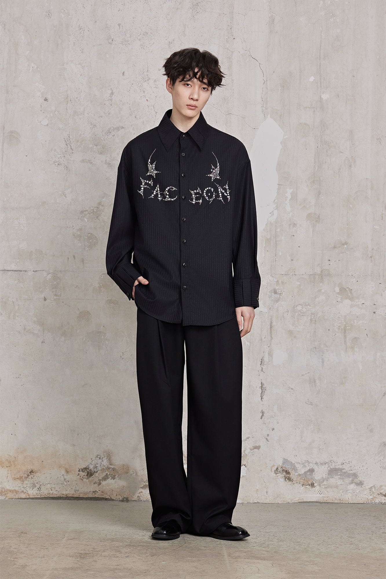 FACEONLAB Pinstriped Rivet Diamond Shirt-Shirt-M-Black-Free Shipping Leatheretro