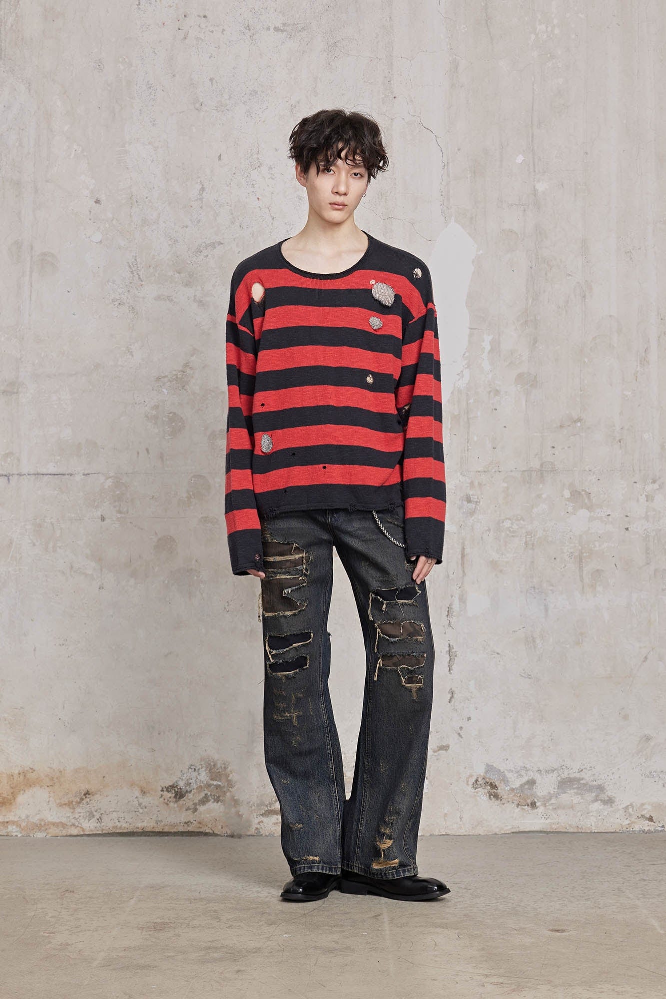 FACEONLAB Stripe Distressed Frayed Crewneck Sweater-Sweater-M-Red-Free Shipping Leatheretro