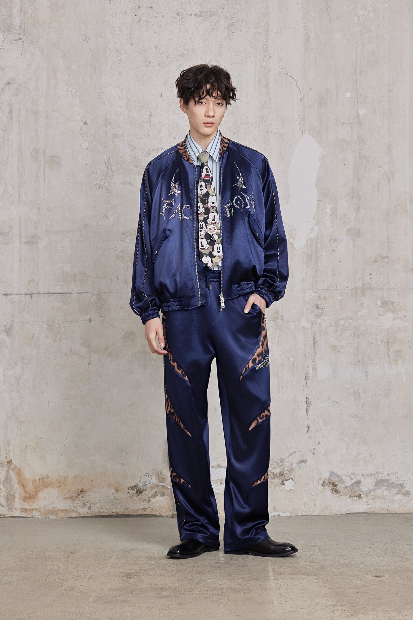 FACEONLAB Diamond Leopard-Spliced Satin Pants-Pants-M-Blue-Free Shipping Leatheretro