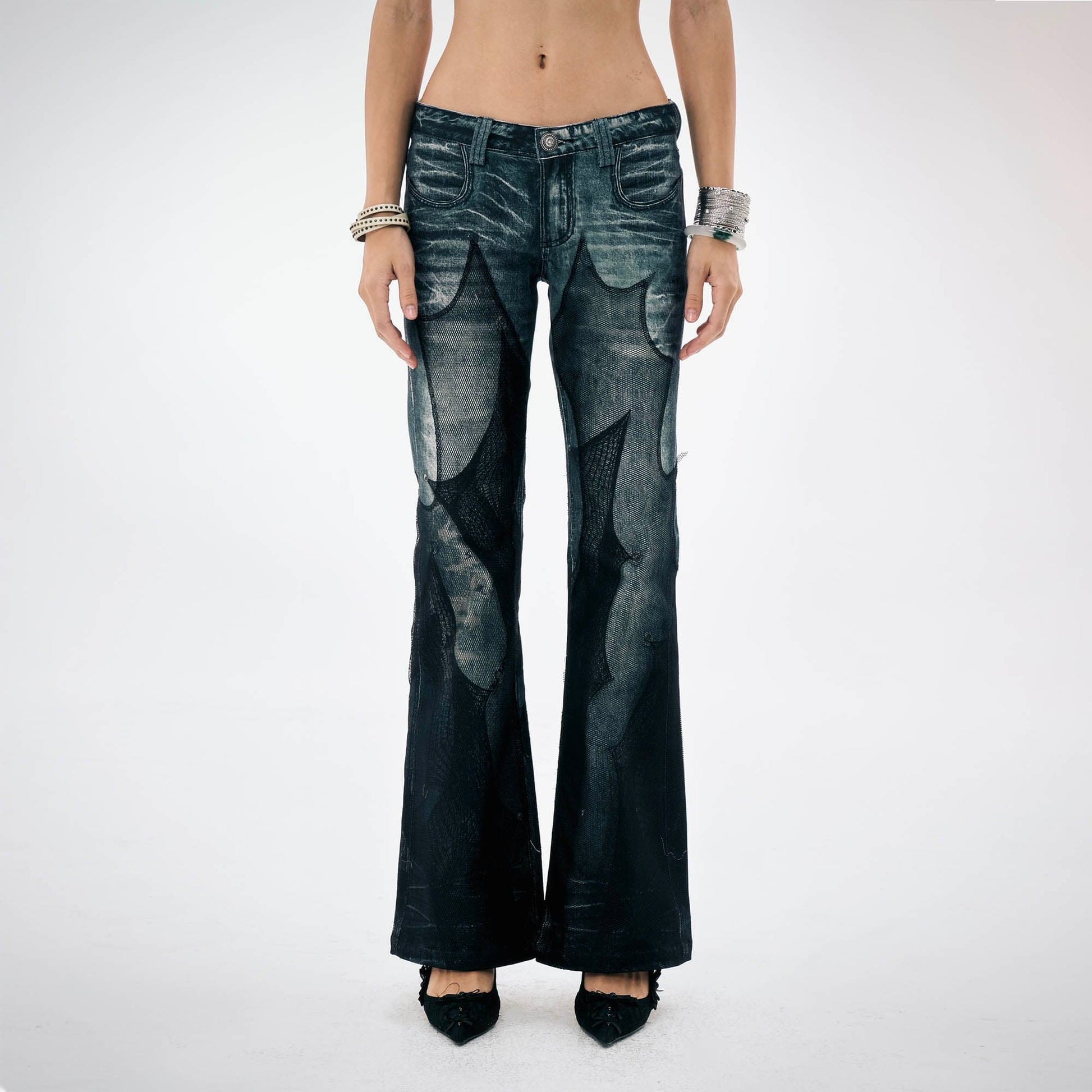 DND4DES¡ÁFaychui Mesh-Panelled Washed Flared Jeans-Jeans-S-Free Shipping Leatheretro