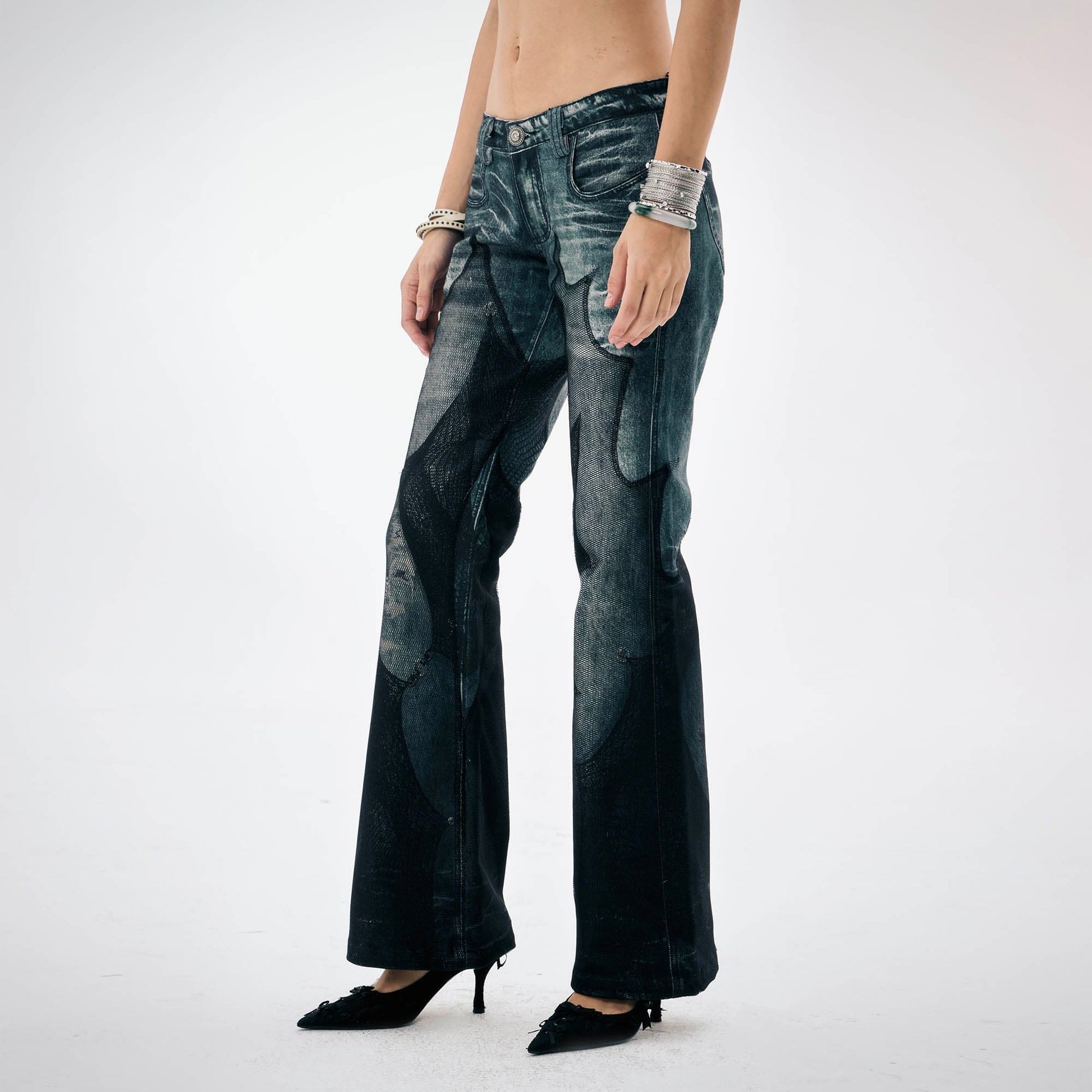 DND4DES¡ÁFaychui Mesh-Panelled Washed Flared Jeans-Jeans-S-Free Shipping Leatheretro
