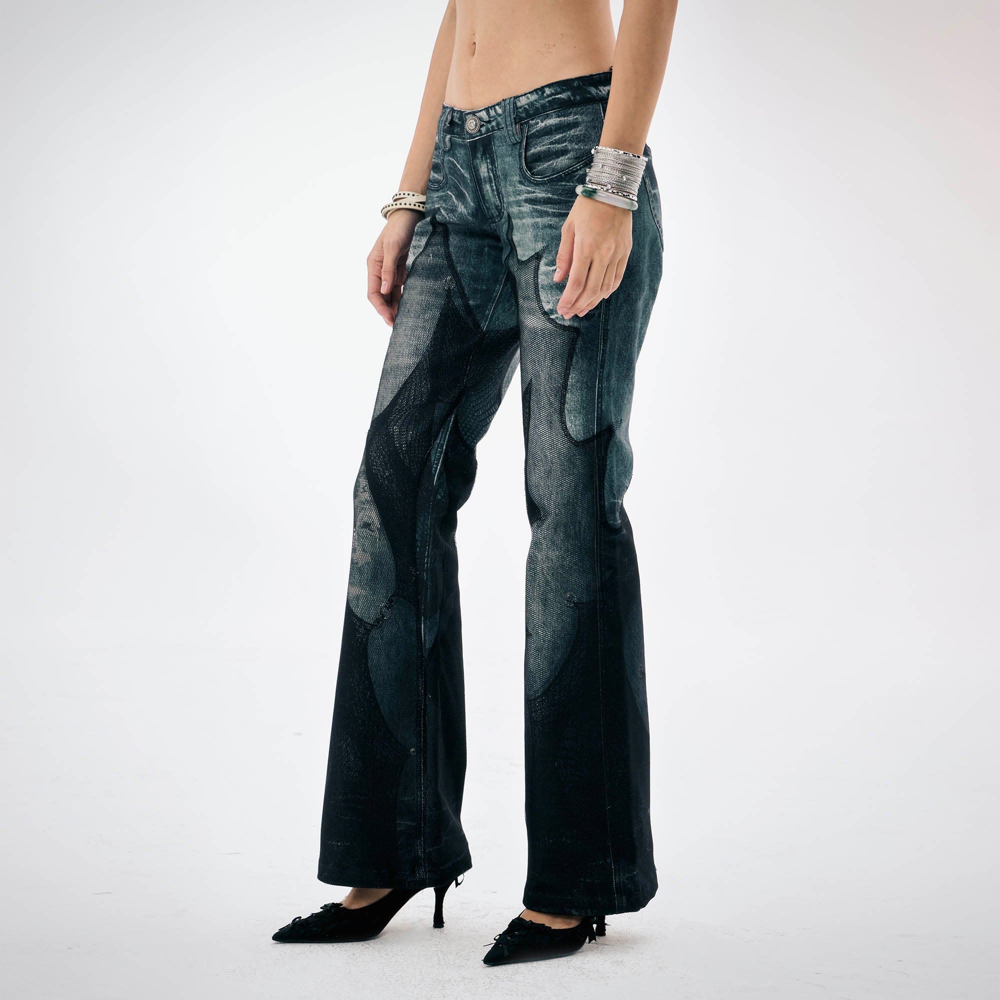 DND4DES¡ÁFaychui Mesh-Panelled Washed Flared Jeans-Jeans-S-Free Shipping Leatheretro