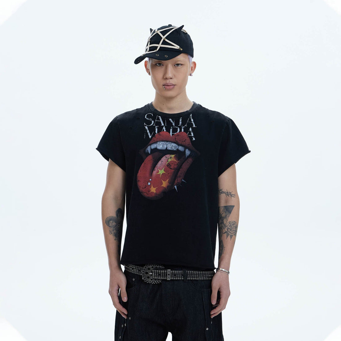 DND4DES Punk Fanged Lips Distressed Tee-T Shirt-S-Free Shipping Leatheretro