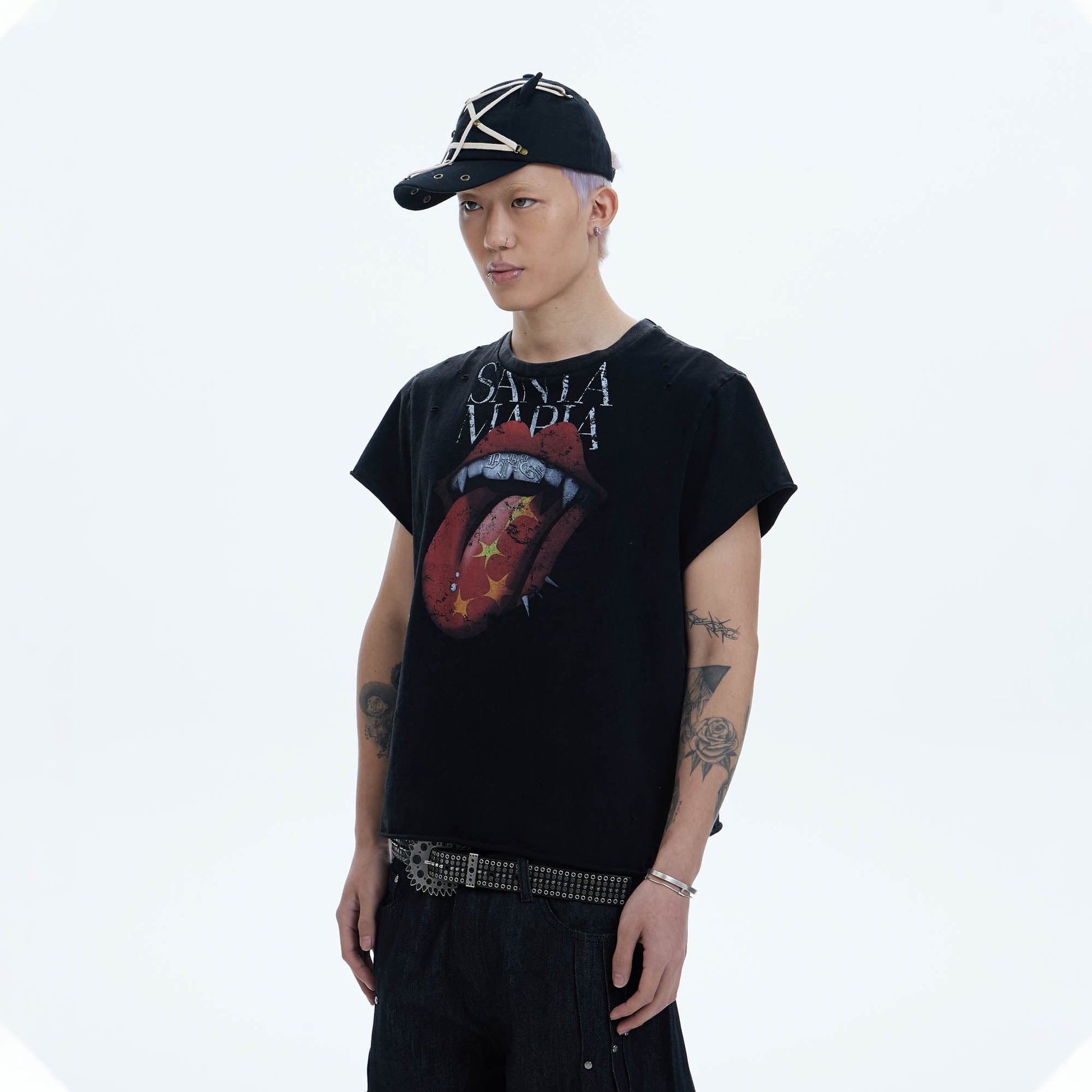 DND4DES Punk Fanged Lips Distressed Tee-T Shirt-S-Free Shipping Leatheretro