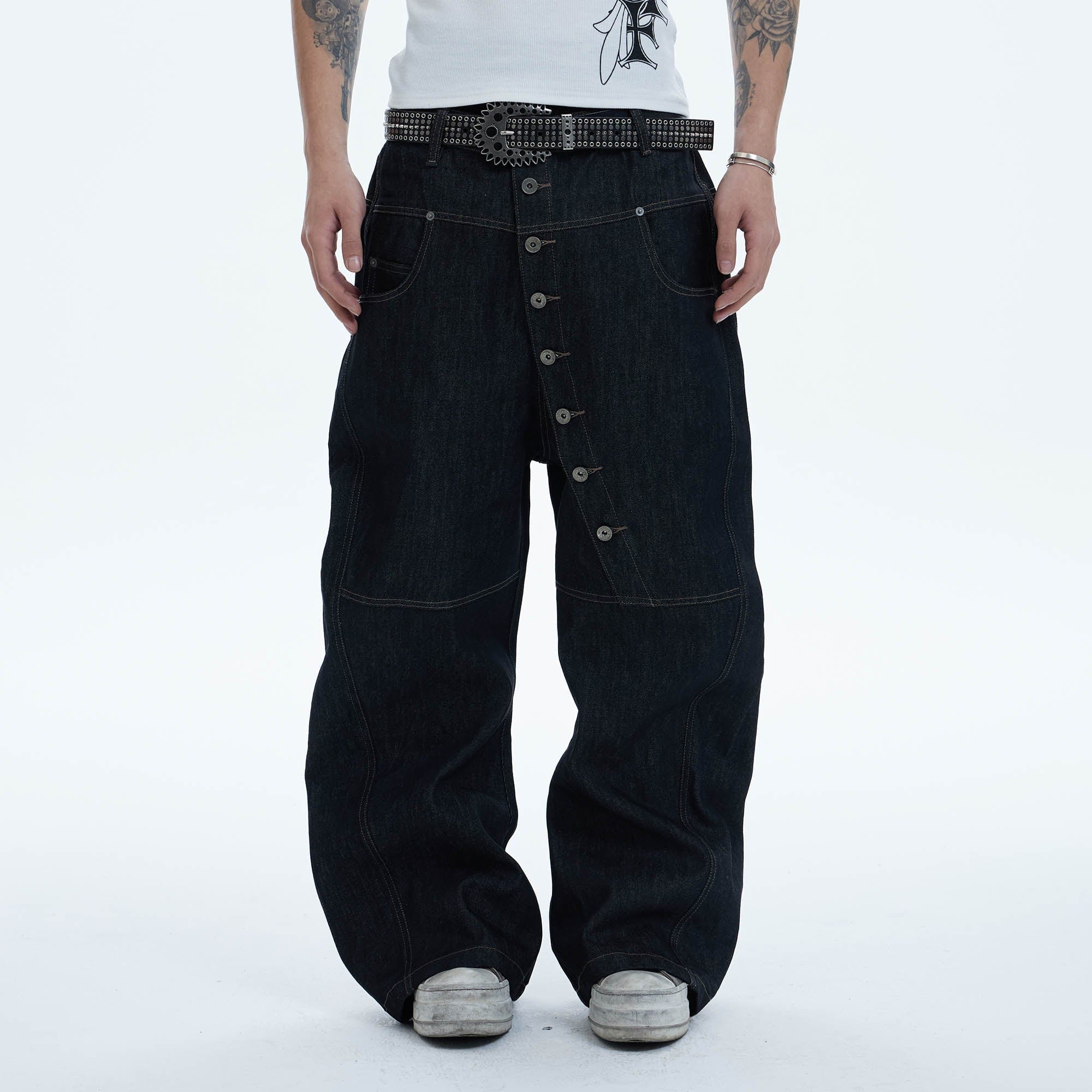 DND4DES Asymmetric Button-Fly Spliced Baggy Jeans-Jeans-XS-Free Shipping Leatheretro