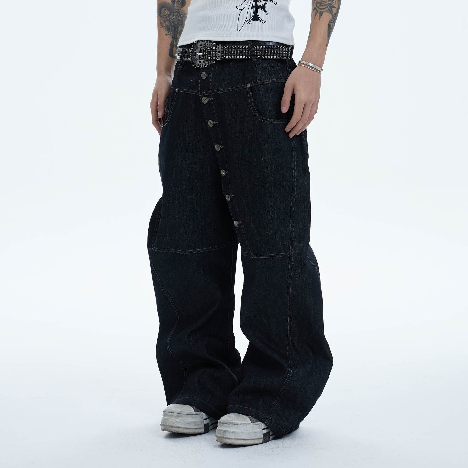 DND4DES Asymmetric Button-Fly Spliced Baggy Jeans-Jeans-XS-Free Shipping Leatheretro