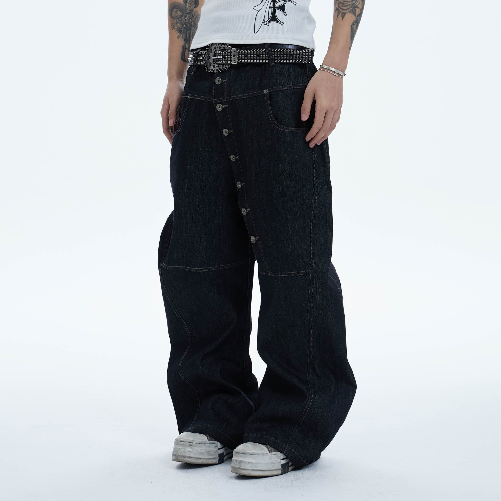 DND4DES Asymmetric Button-Fly Spliced Baggy Jeans-Jeans-XS-Free Shipping Leatheretro