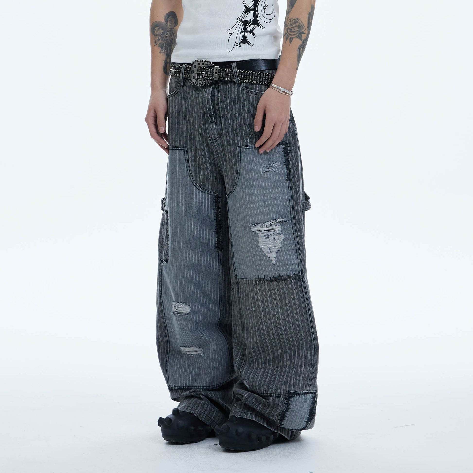 DND4DES Striped Patchwork Distressed Baggy Jeans-Jeans-XS-Free Shipping Leatheretro