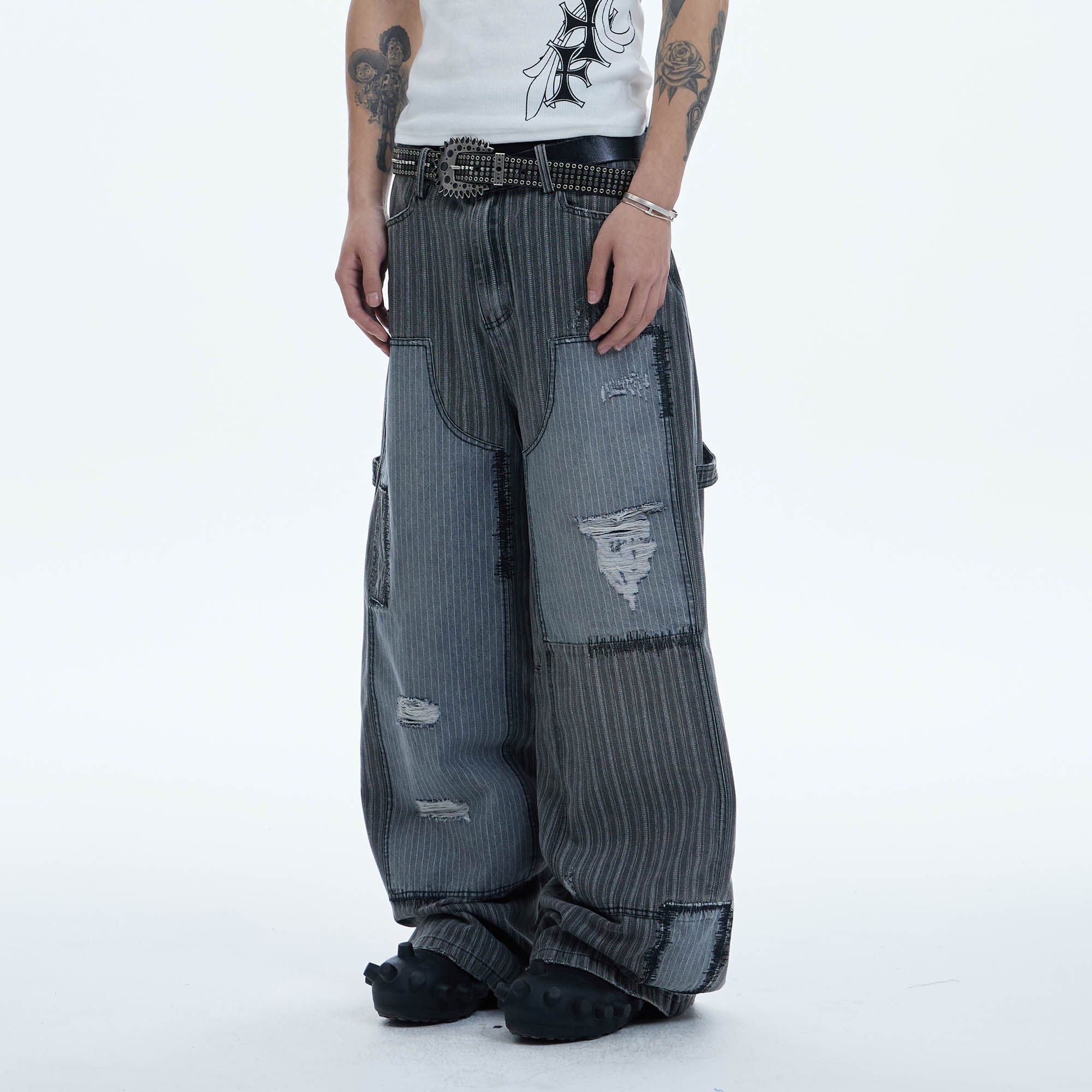 DND4DES Striped Patchwork Distressed Baggy Jeans-Jeans-XS-Free Shipping Leatheretro