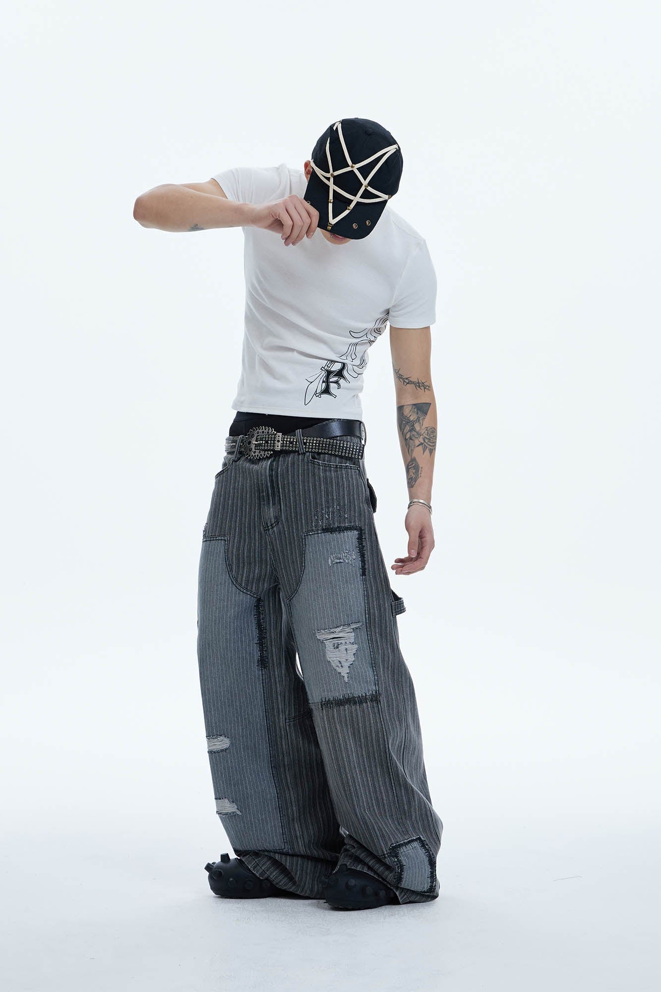 DND4DES Striped Patchwork Distressed Baggy Jeans-Jeans-XS-Free Shipping Leatheretro