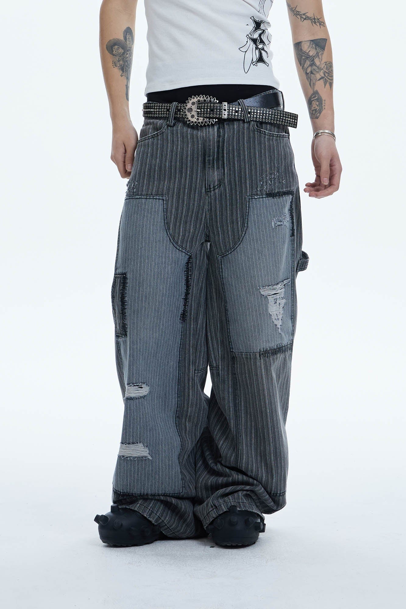 DND4DES Striped Patchwork Distressed Baggy Jeans-Jeans-XS-Free Shipping Leatheretro