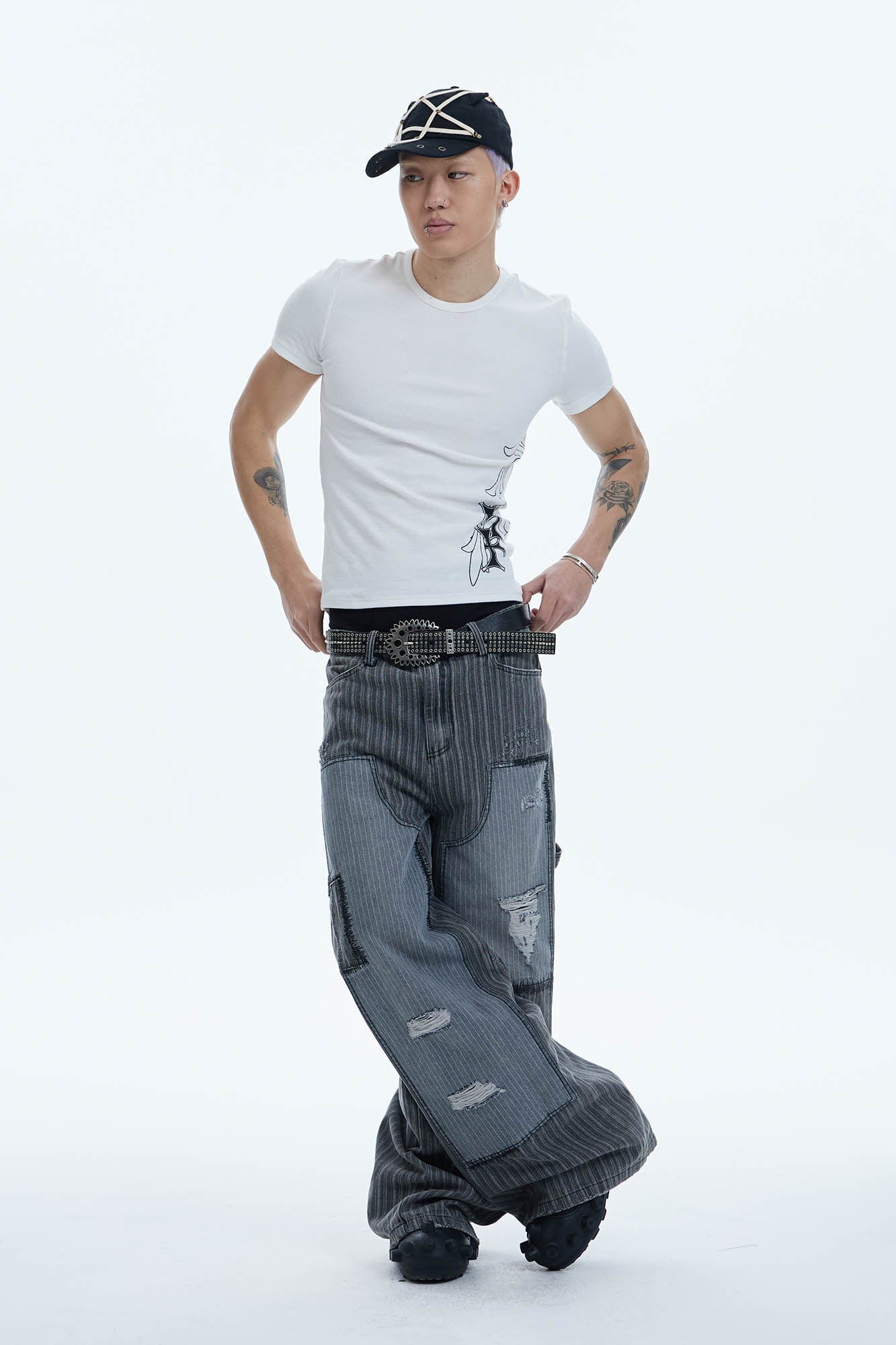 DND4DES Striped Patchwork Distressed Baggy Jeans-Jeans-XS-Free Shipping Leatheretro