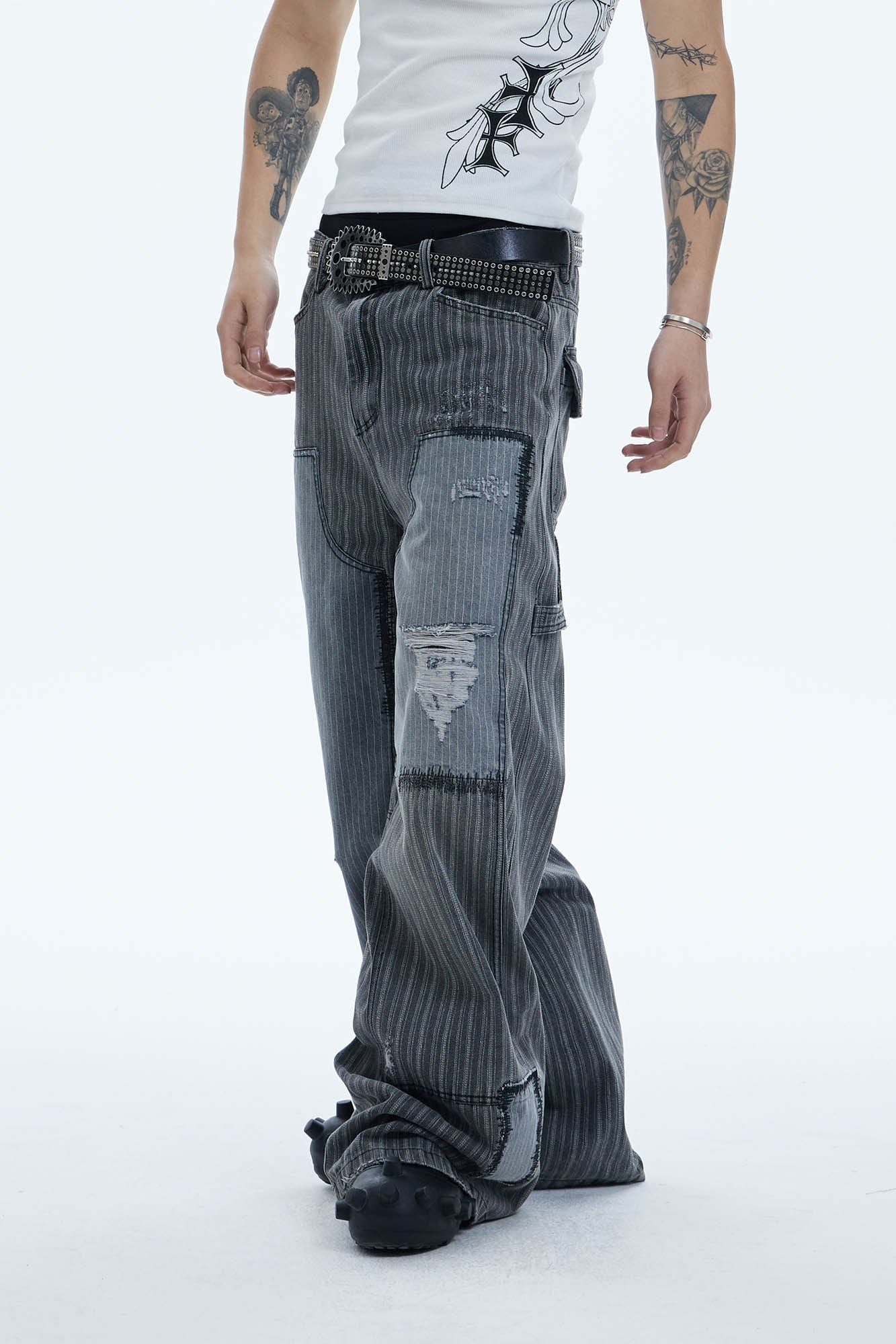 DND4DES Striped Patchwork Distressed Baggy Jeans-Jeans-XS-Free Shipping Leatheretro