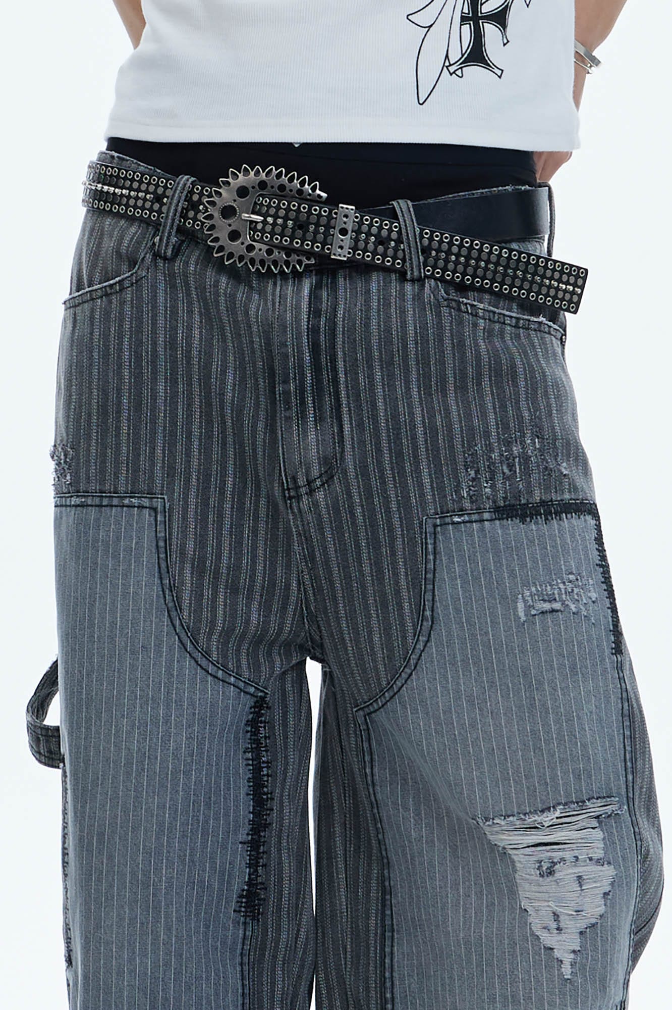 DND4DES Striped Patchwork Distressed Baggy Jeans-Jeans-XS-Free Shipping Leatheretro