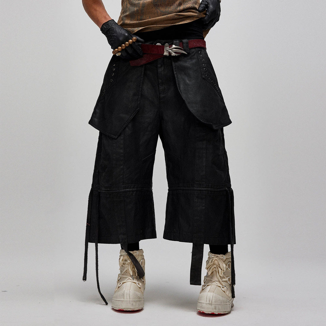 FLYERRER Waxed Layered Drape Strap Shorts-Shorts-S-Free Shipping Leatheretro