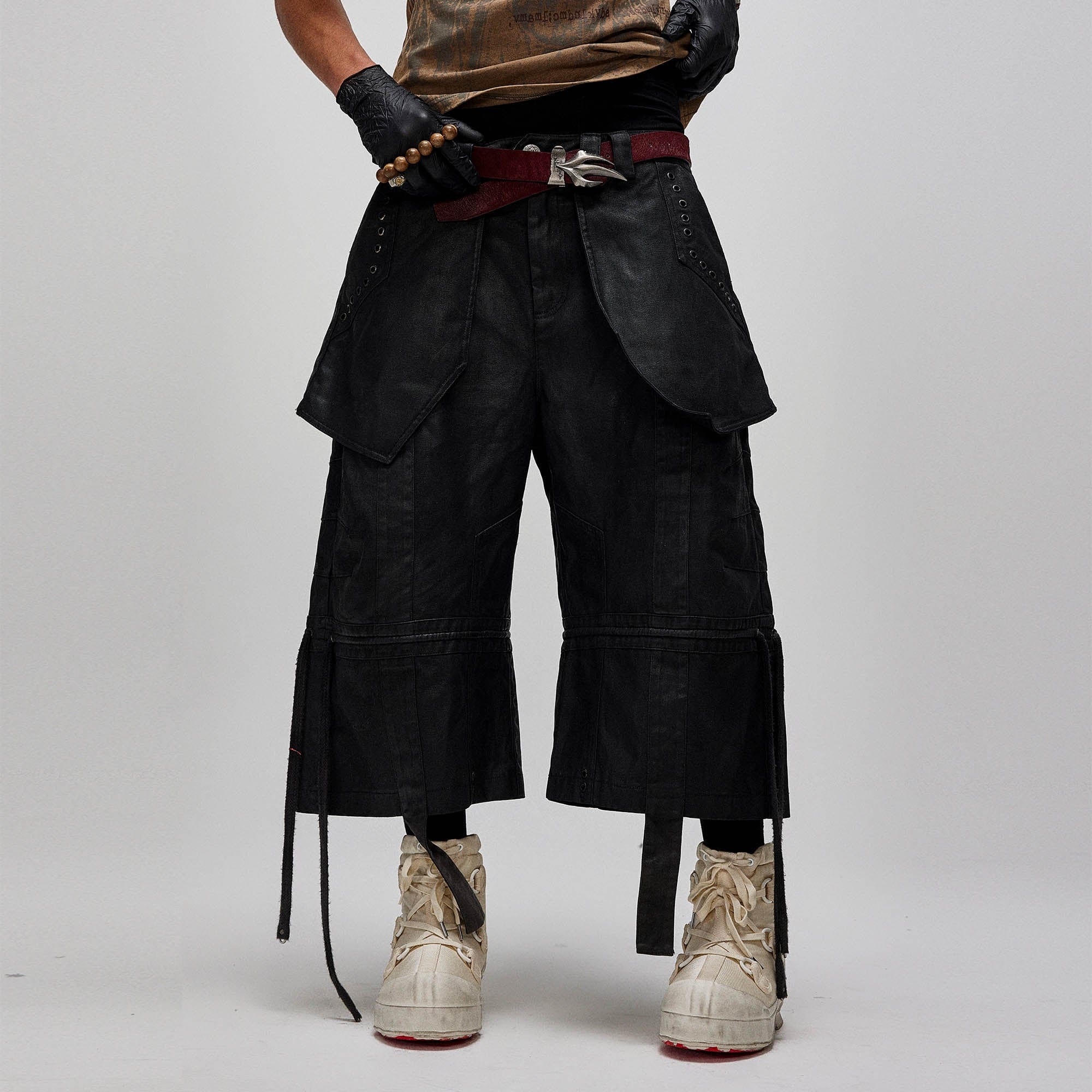 FLYERRER Waxed Layered Drape Strap Shorts-Shorts-S-Free Shipping Leatheretro