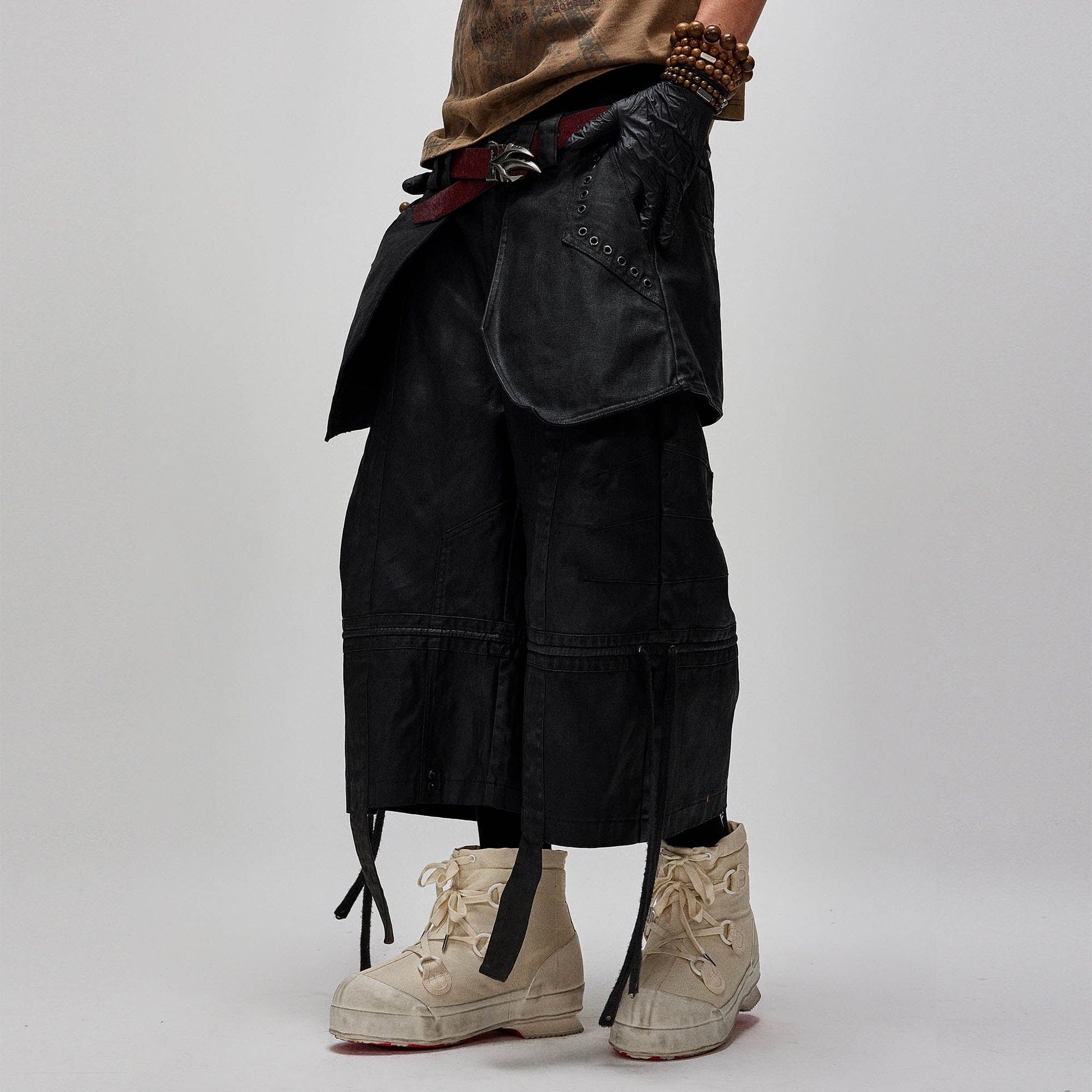 FLYERRER Waxed Layered Drape Strap Shorts-Shorts-S-Free Shipping Leatheretro