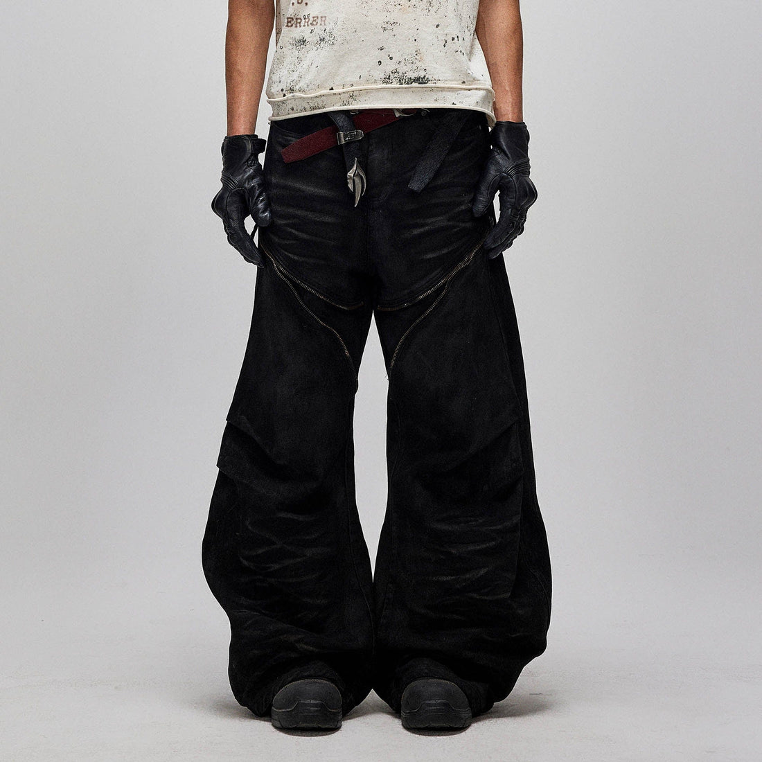 FLYERRER Distressed Waxed Zipper-Paneled Scimitar Pants-Pants-S-Free Shipping Leatheretro