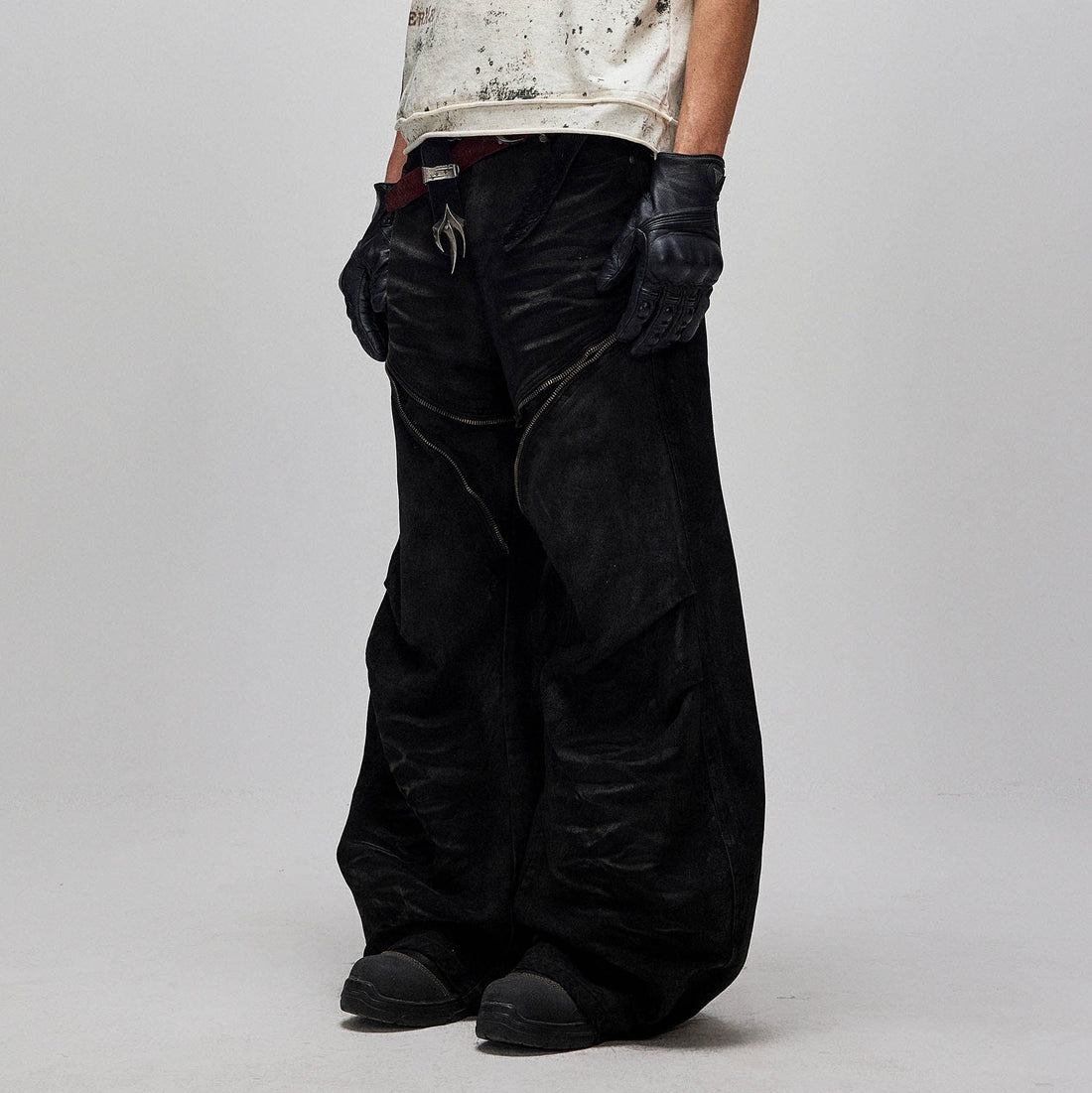 FLYERRER Distressed Waxed Zipper-Paneled Scimitar Pants-Pants-S-Free Shipping Leatheretro