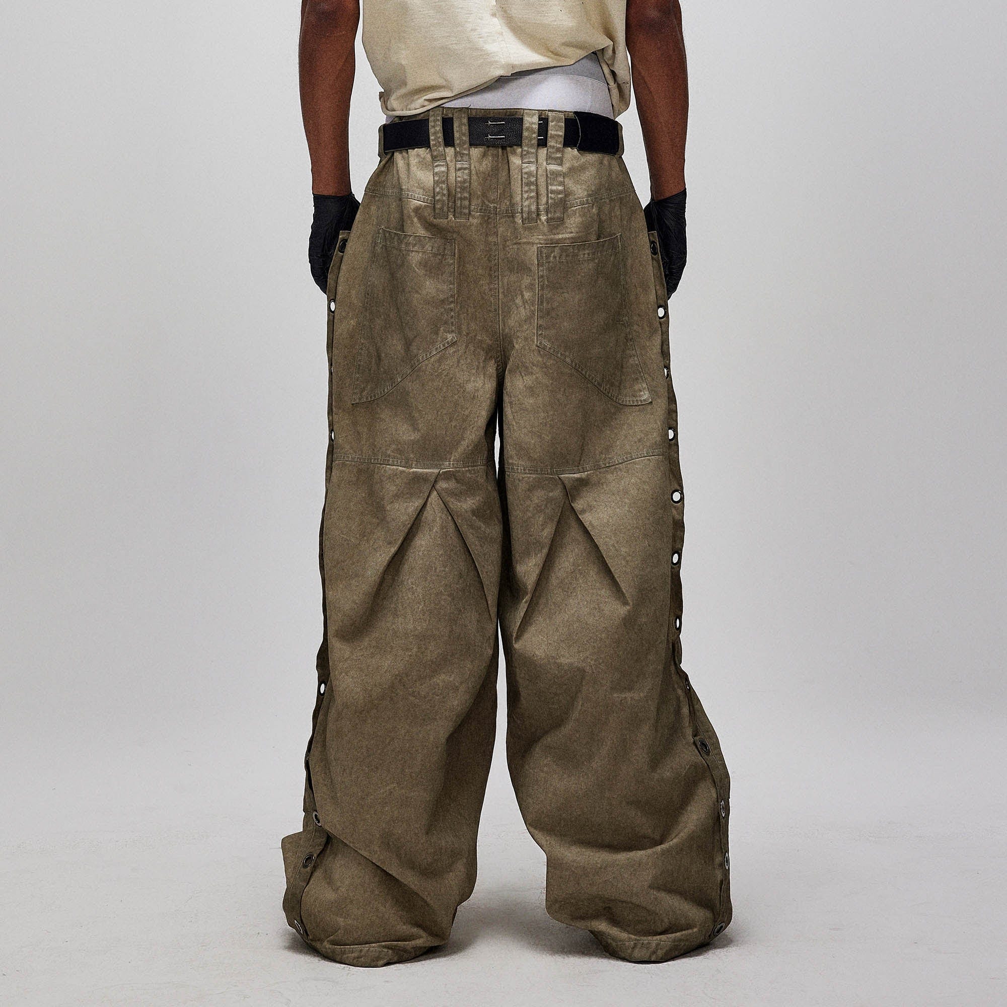 FLYERRER Distressed Eyelet-Side Big-Pocket Pleated-Knee Cargo-Pants-S-Free Shipping Leatheretro