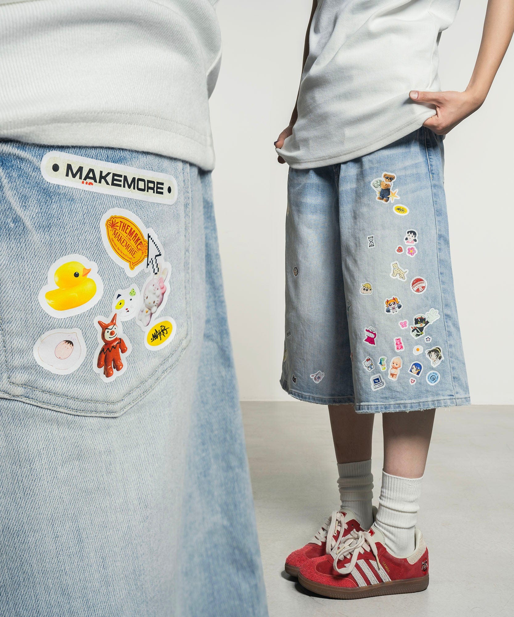 MAKEMORE Anime Sticker Washed Denim Shorts-Shorts-S-Free Shipping Leatheretro