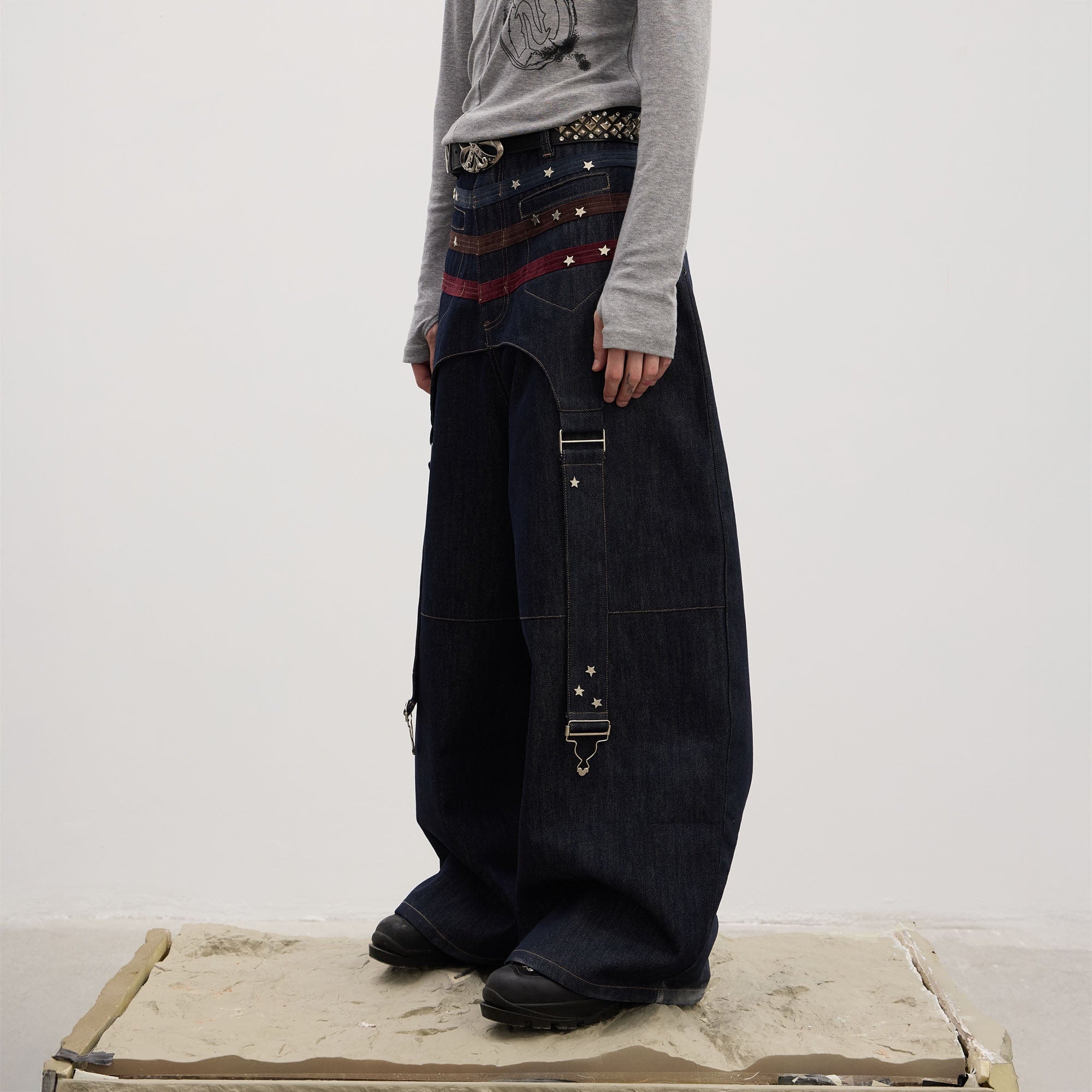 DND4DES Star-Rivet Harness-Layered Curved Jeans-Jeans-XS-Free Shipping Leatheretro