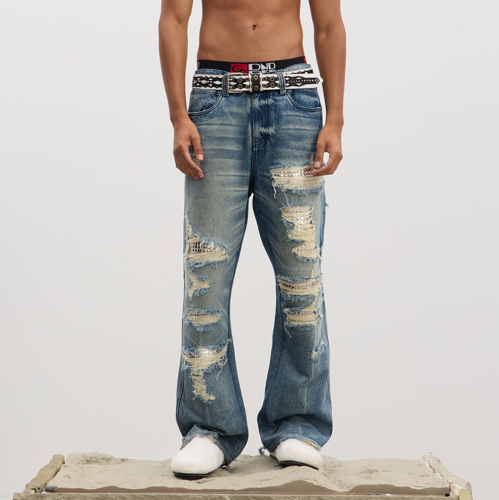 DND4DES Ripped Studded Flared Jeans-Jeans-S (Preorder)-Free Shipping Leatheretro
