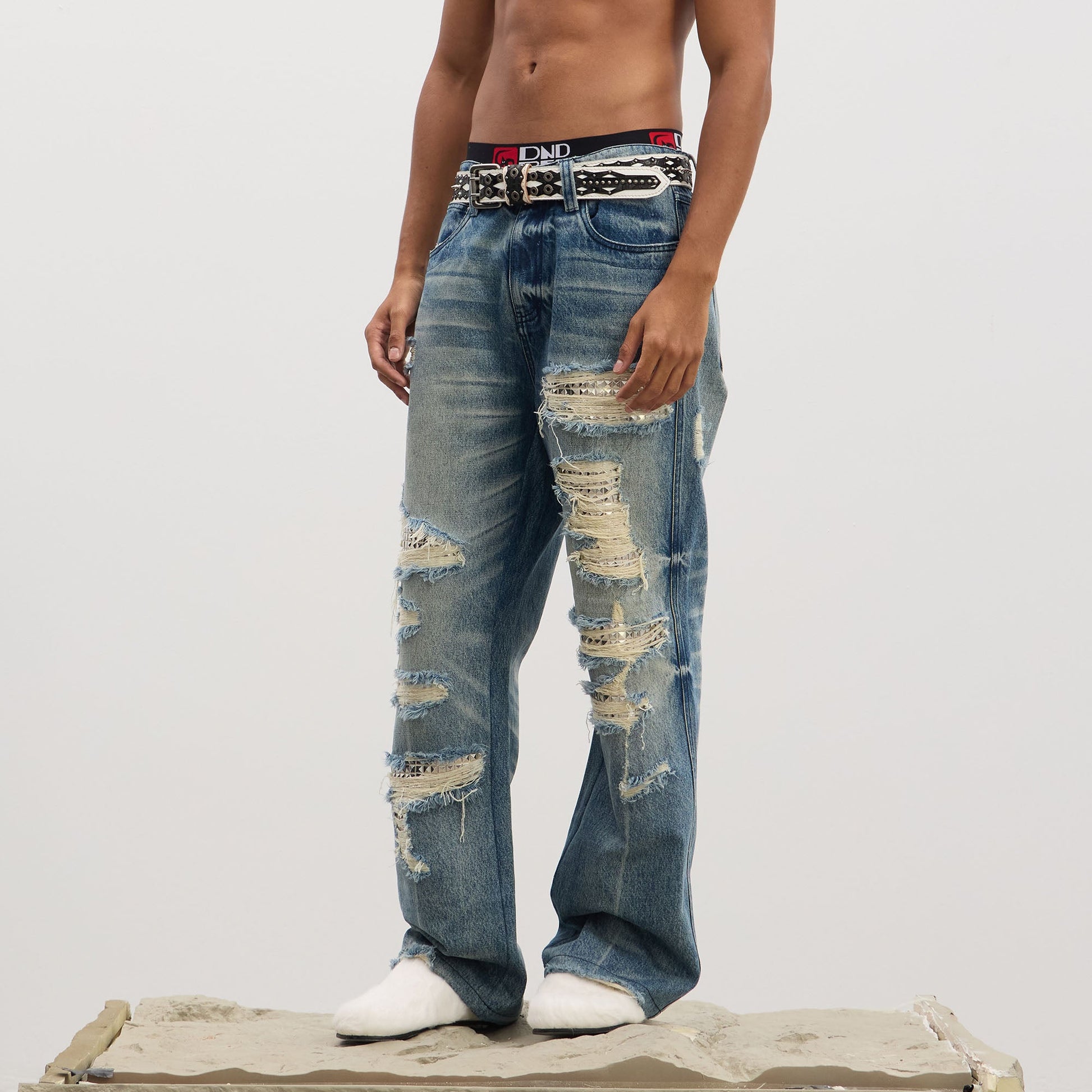 DND4DES Ripped Studded Flared Jeans-Jeans-S (Preorder)-Free Shipping Leatheretro