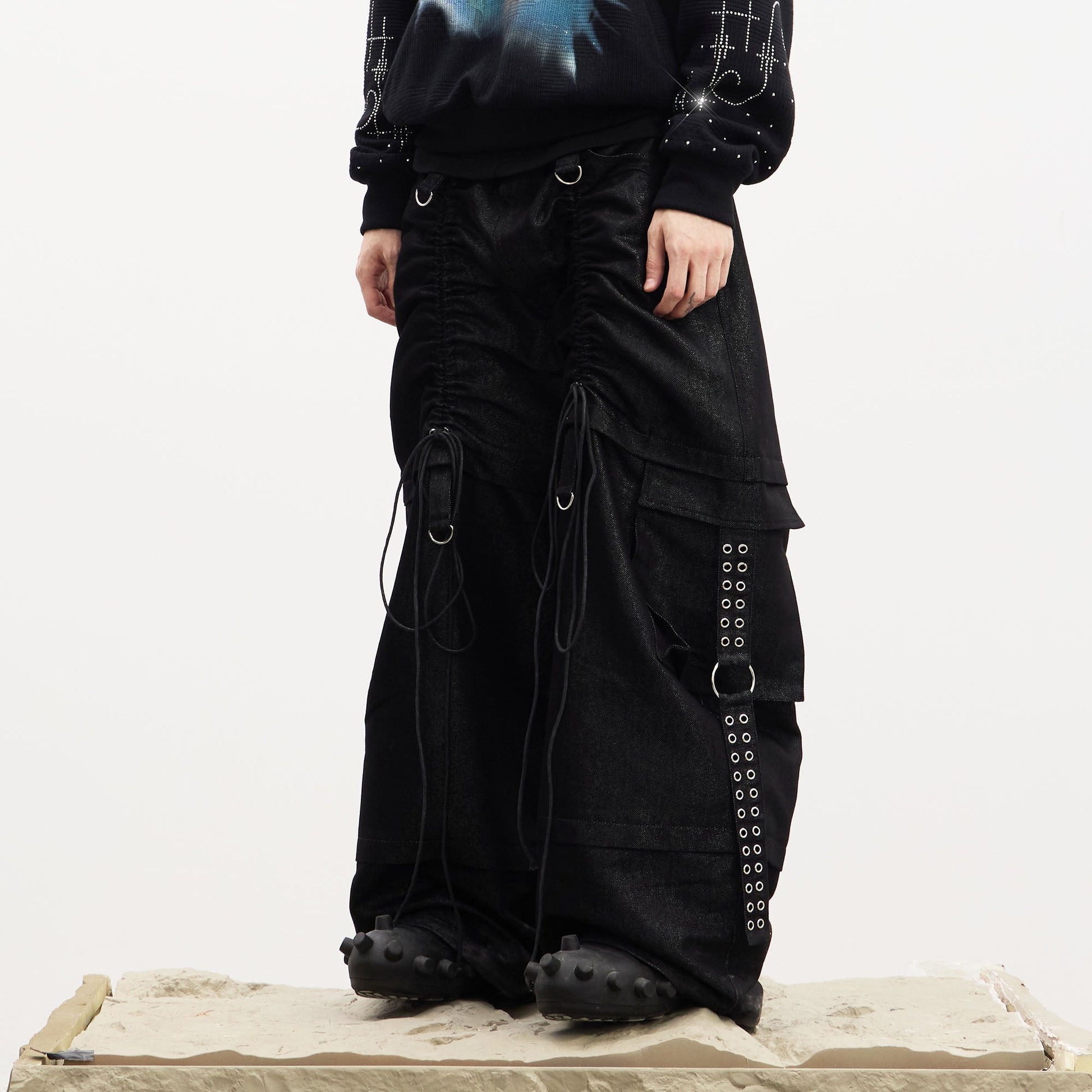 DND4DES Drawstring Ruched Coated Cargo Jeans-Jeans-S (Preorder)-Free Shipping Leatheretro