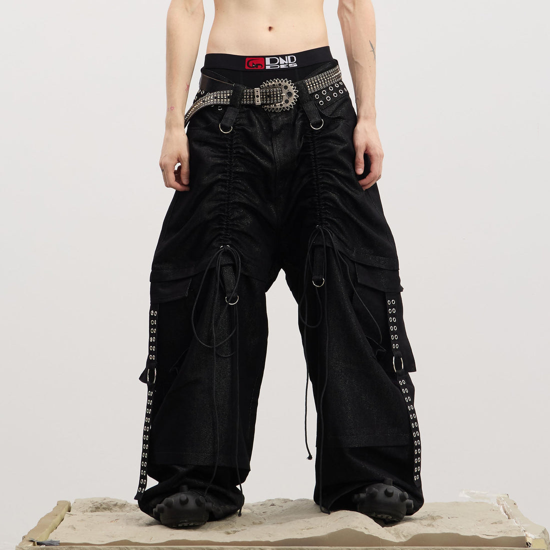 DND4DES Drawstring Ruched Coated Cargo Jeans-Jeans-S (Preorder)-Free Shipping Leatheretro