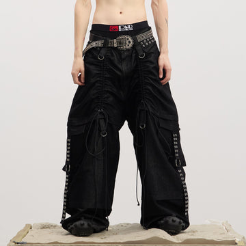 DND4DES Drawstring Ruched Coated Cargo Jeans-Jeans-S (Preorder)-Free Shipping Leatheretro
