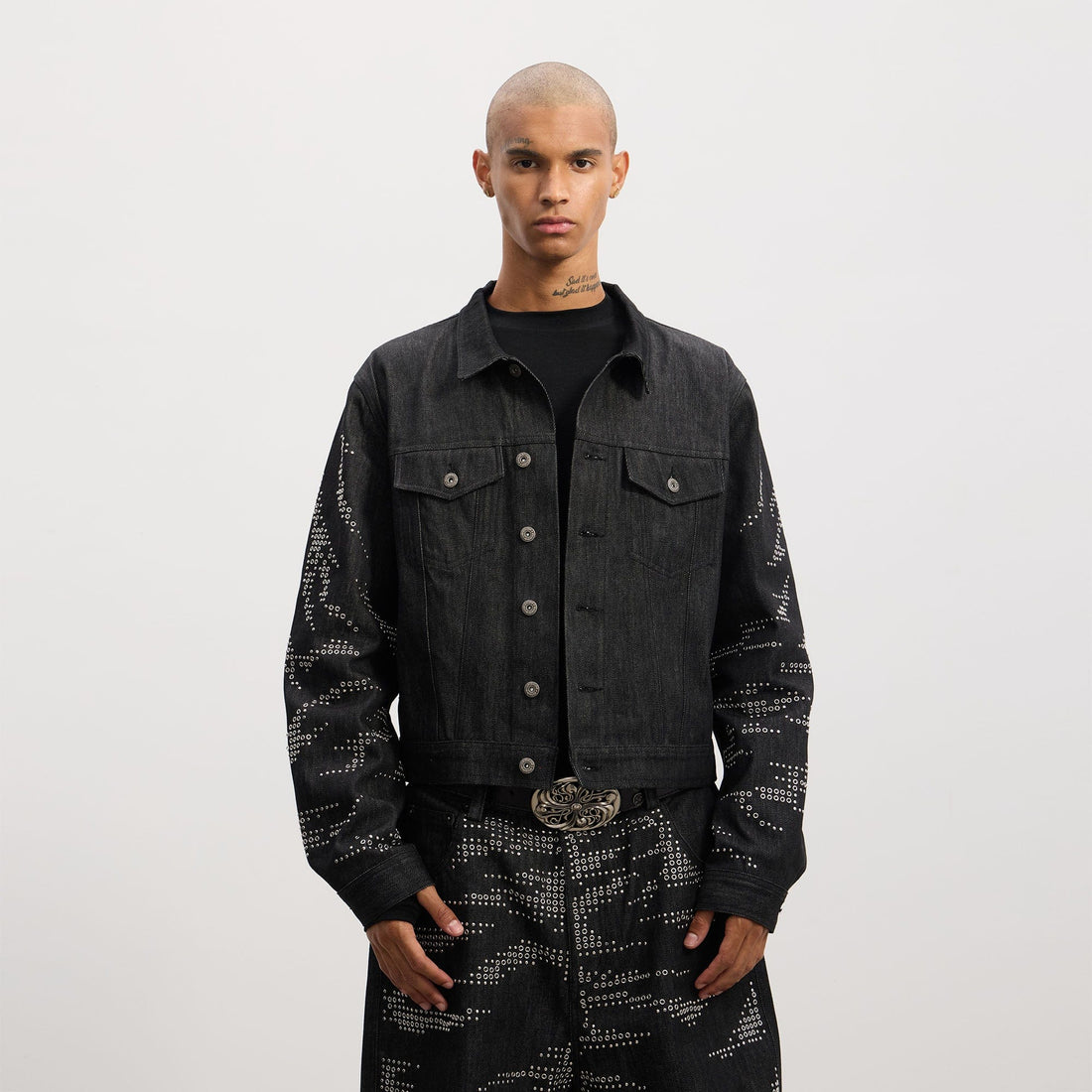 DND4DES Studded Sleeve Cropped Denim Jacket-Jacket-S-Free Shipping Leatheretro