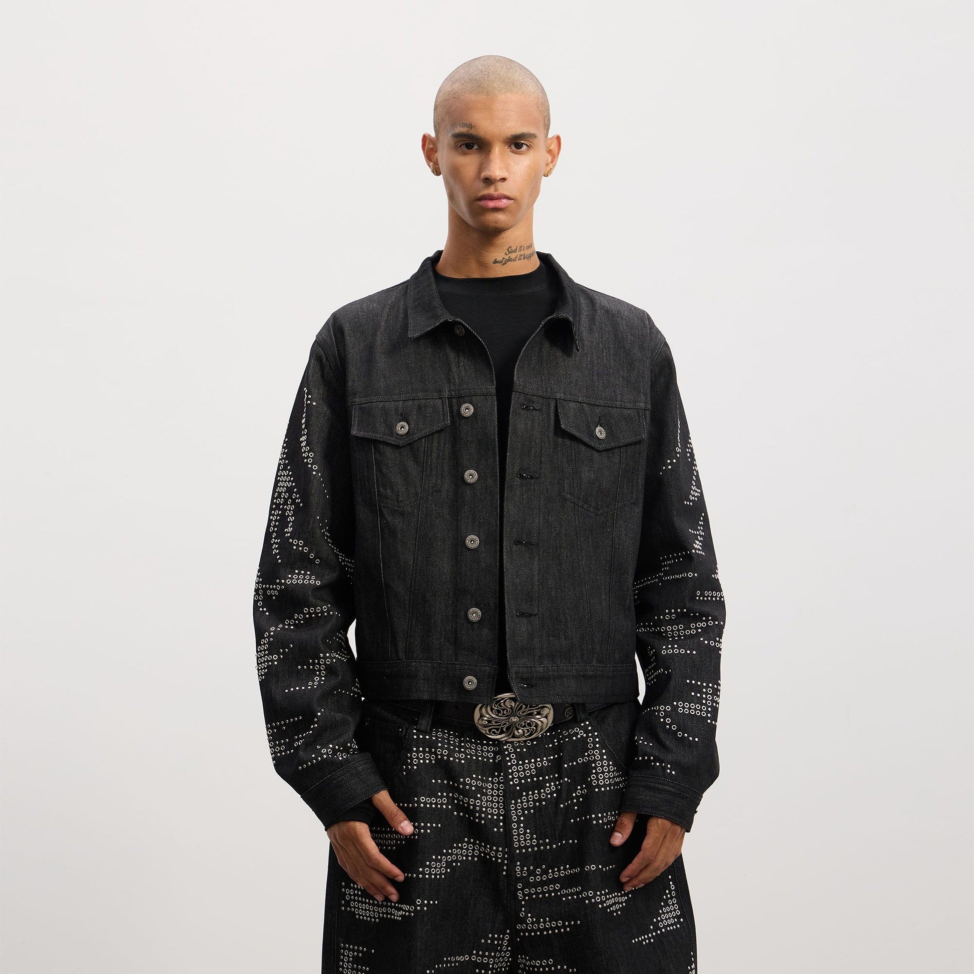 DND4DES Studded Sleeve Cropped Denim Jacket-Jacket-S-Free Shipping Leatheretro