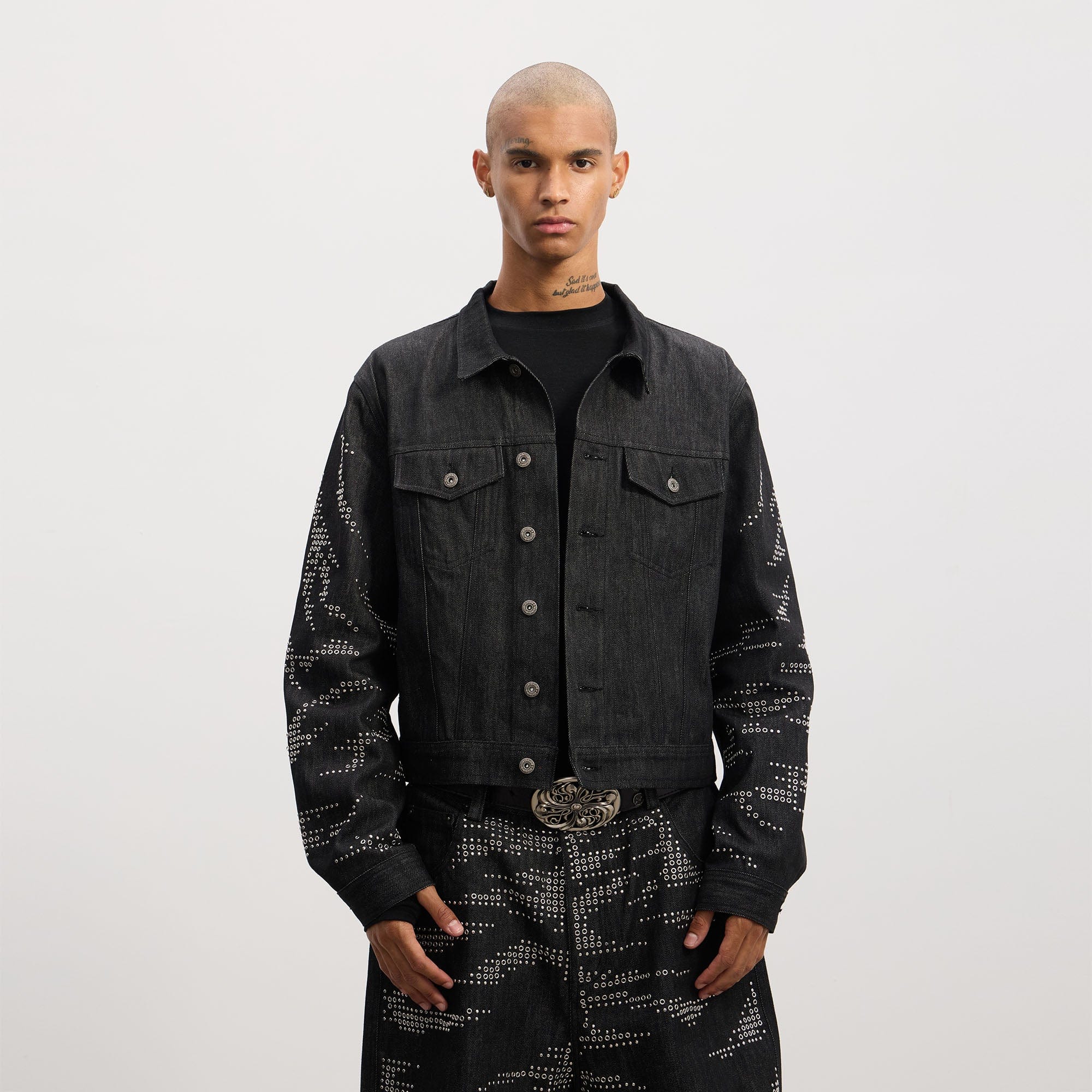 DND4DES Studded Sleeve Cropped Denim Jacket-Jacket-S-Free Shipping Leatheretro