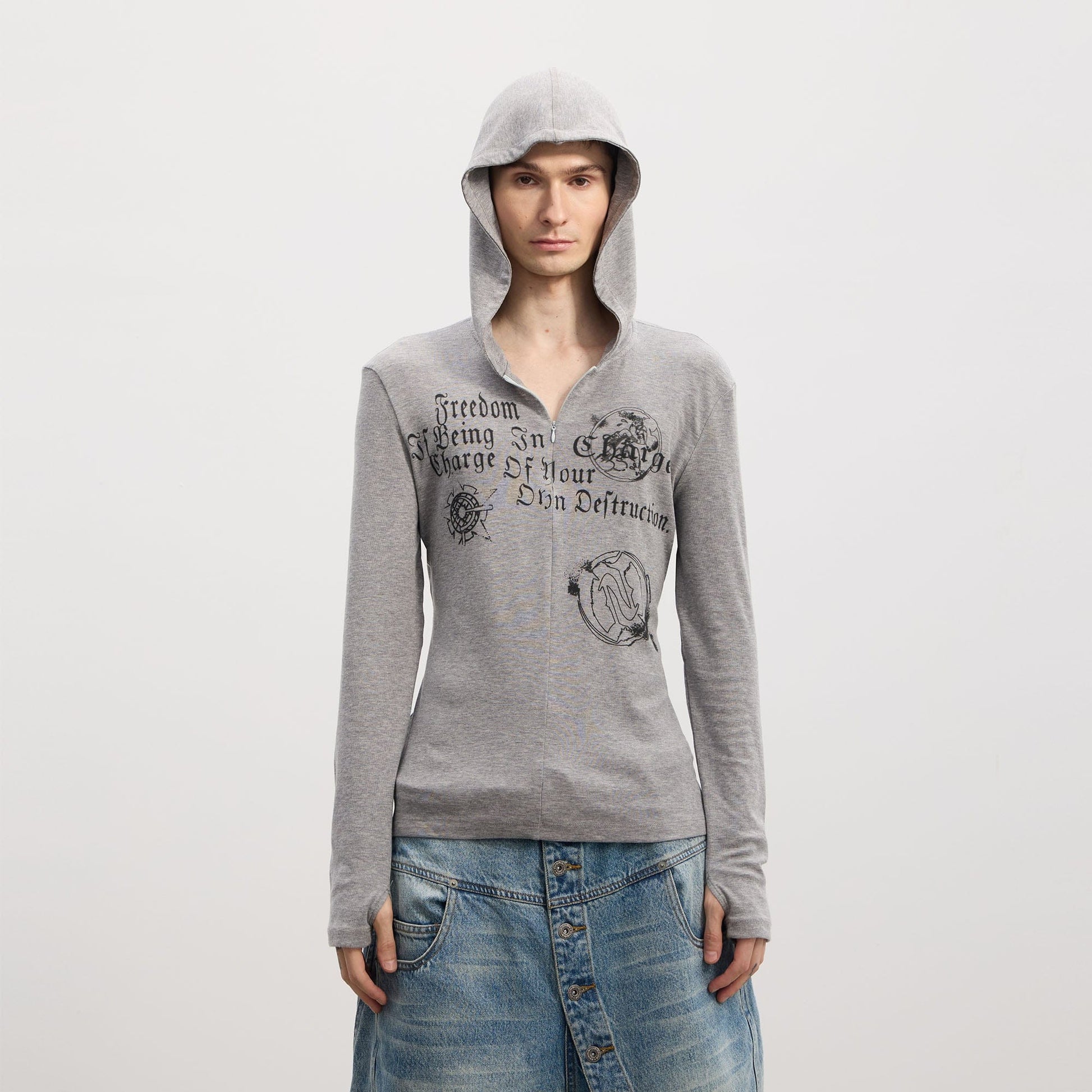 DND4DES Gothic Graphic Slim Zip-Up Hoodie-Hoodie-S-Gray-Free Shipping Leatheretro