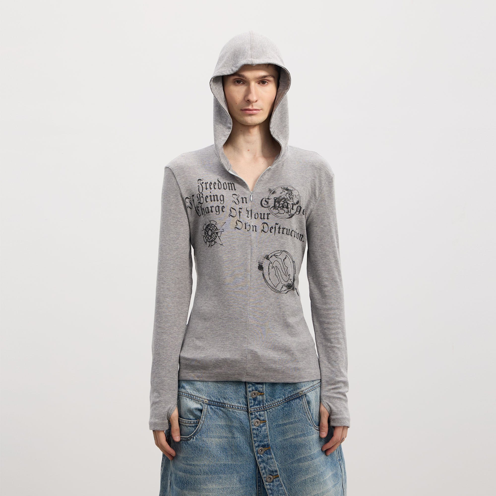 DND4DES Gothic Graphic Slim Zip-Up Hoodie-Hoodie-S-Gray-Free Shipping Leatheretro