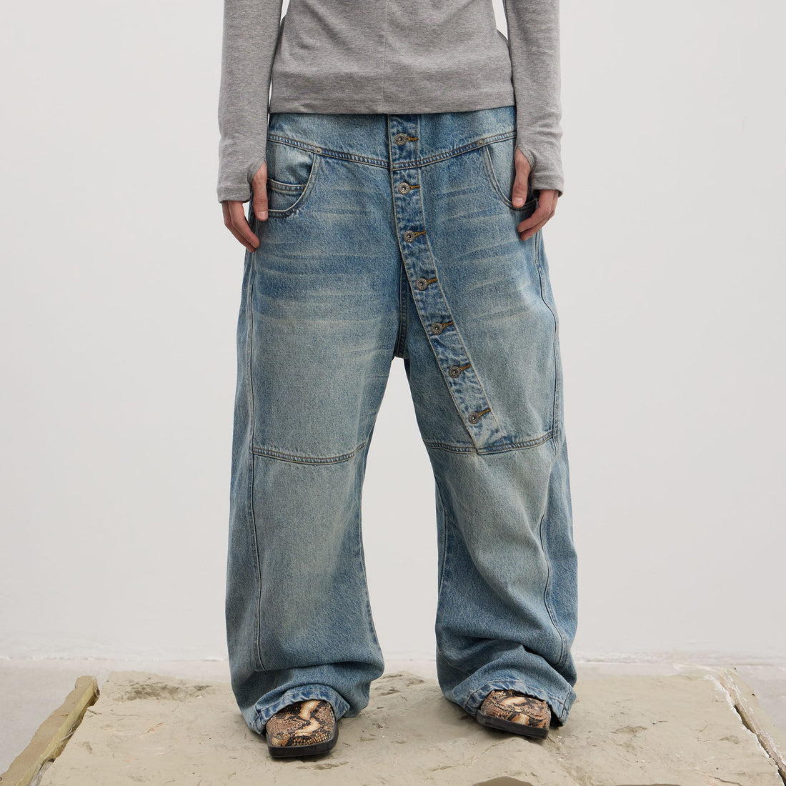 DND4DES Asymmetric Button-Fly Panel Washed Jeans-Jeans-XS-Blue-Free Shipping Leatheretro