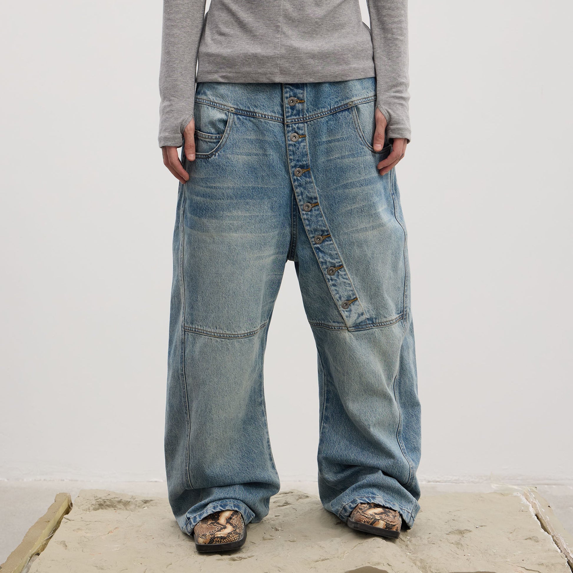 DND4DES Asymmetric Button-Fly Panel Washed Jeans-Jeans-XS-Blue-Free Shipping Leatheretro