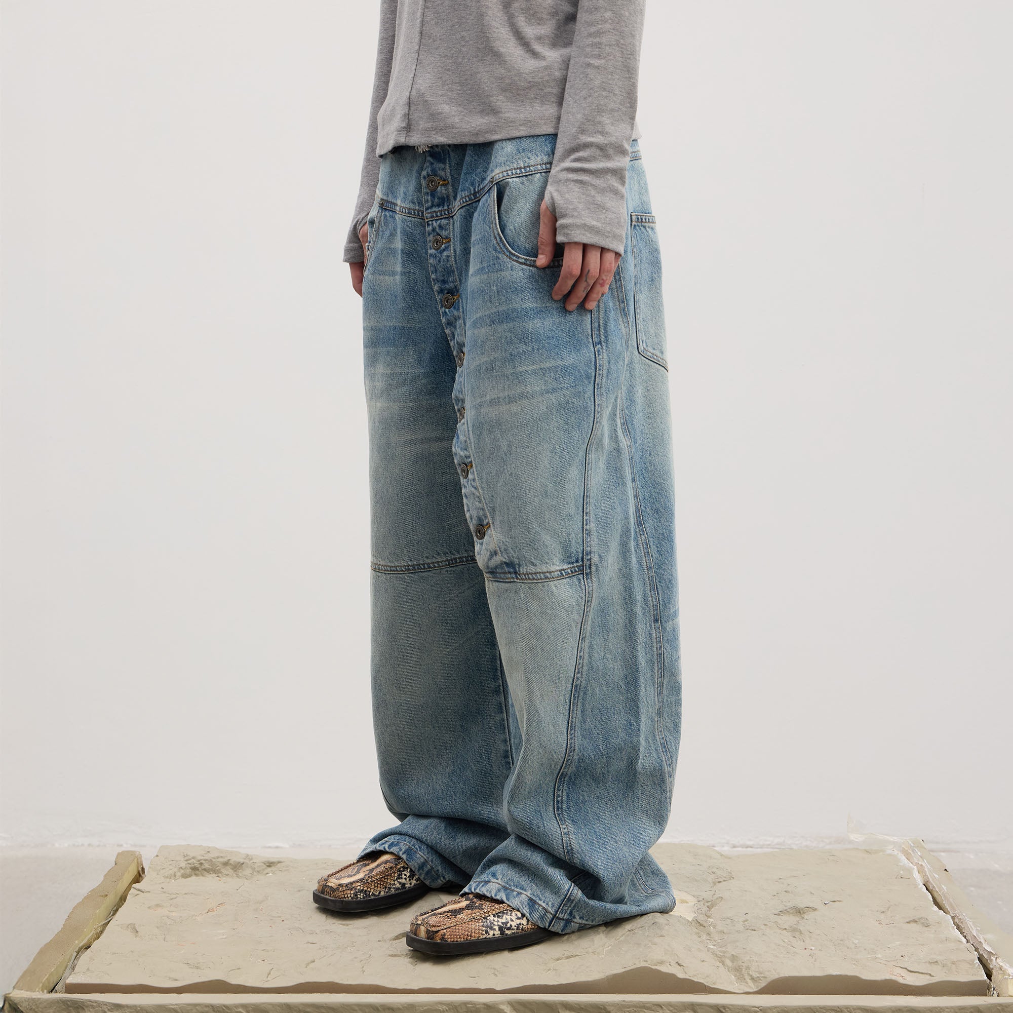 DND4DES Asymmetric Button-Fly Panel Washed Jeans-Jeans-XS-Blue-Free Shipping Leatheretro