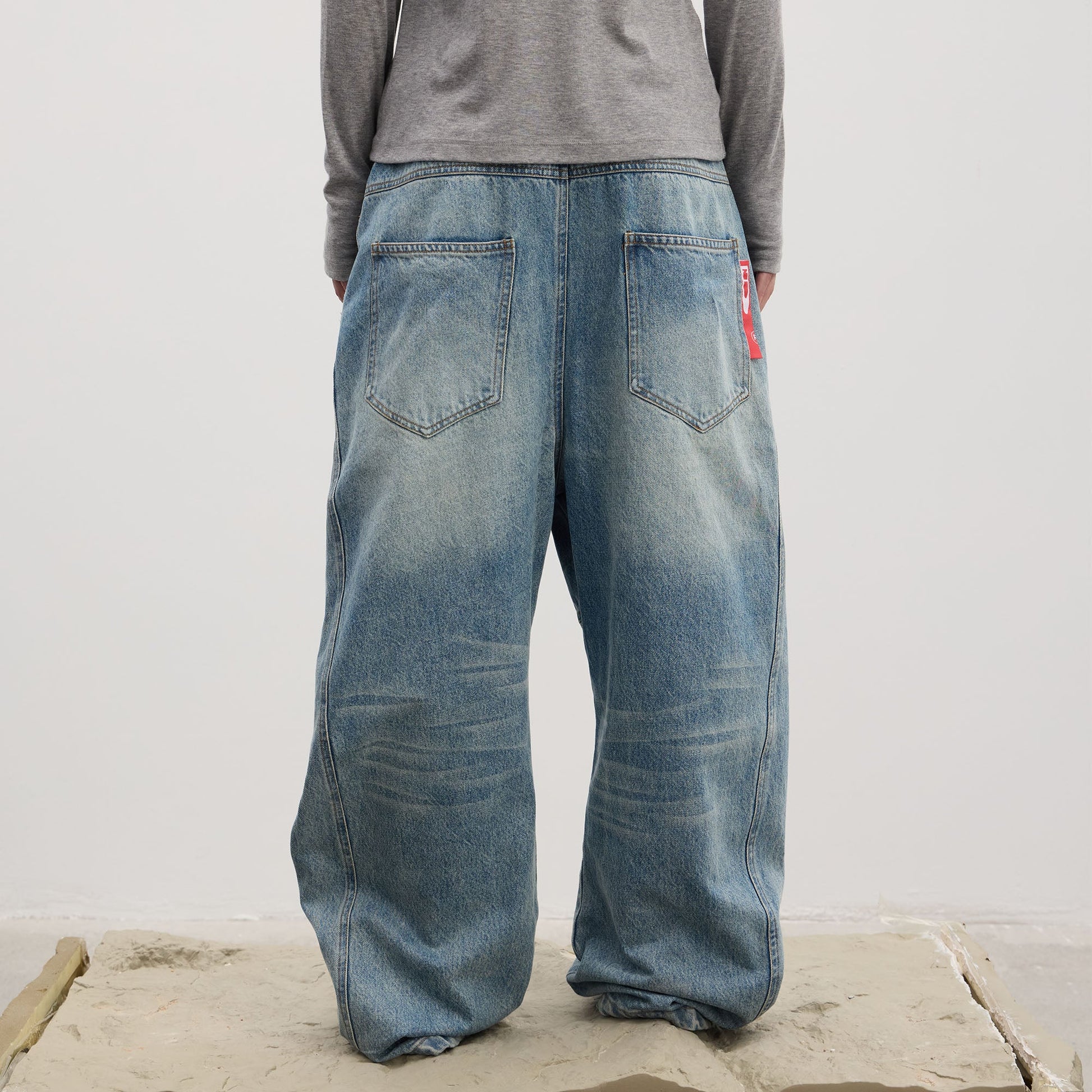 DND4DES Asymmetric Button-Fly Panel Washed Jeans-Jeans-XS-Blue-Free Shipping Leatheretro