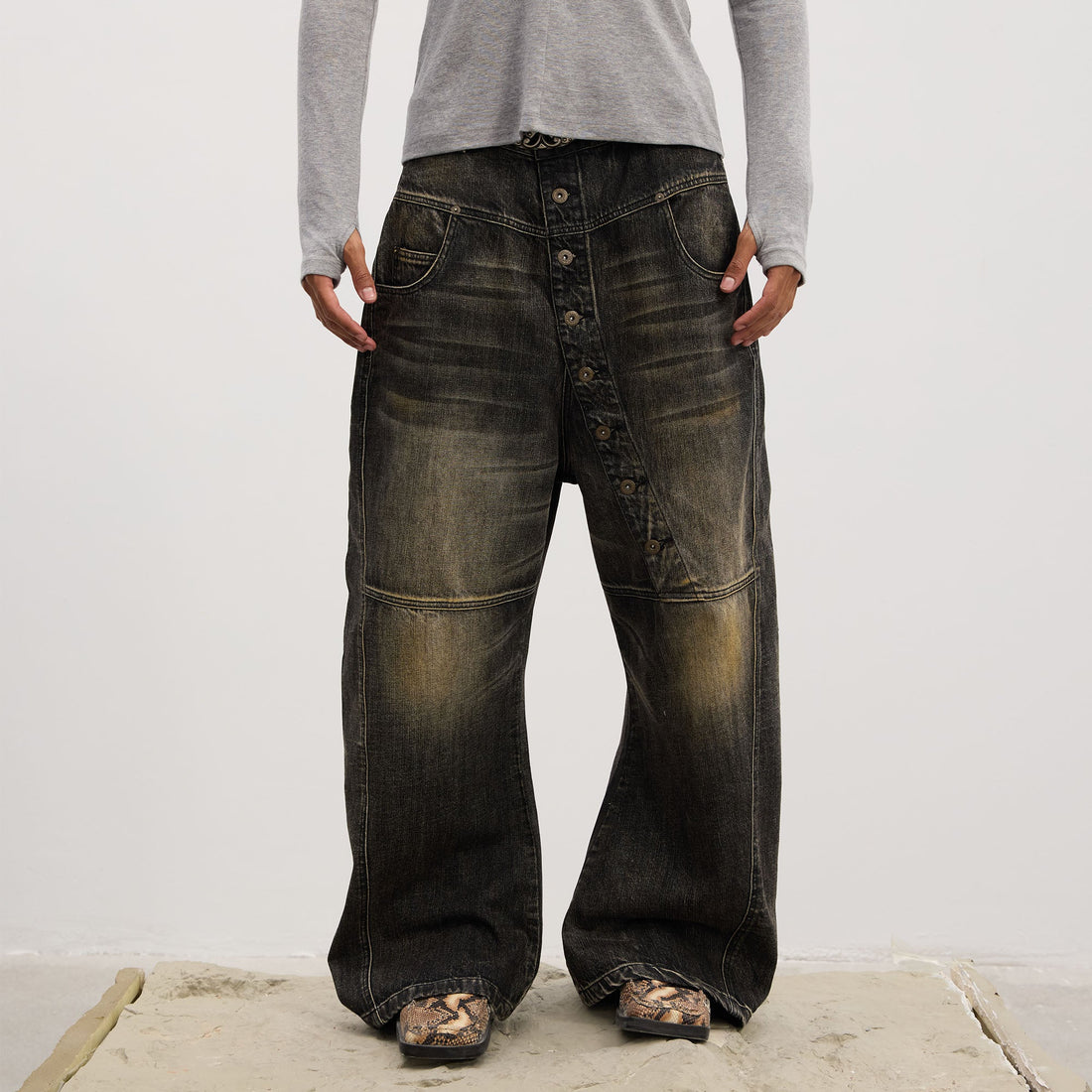 DND4DES Asymmetric Button-Fly Panel Washed Jeans-Jeans-XS-Blue-Free Shipping Leatheretro