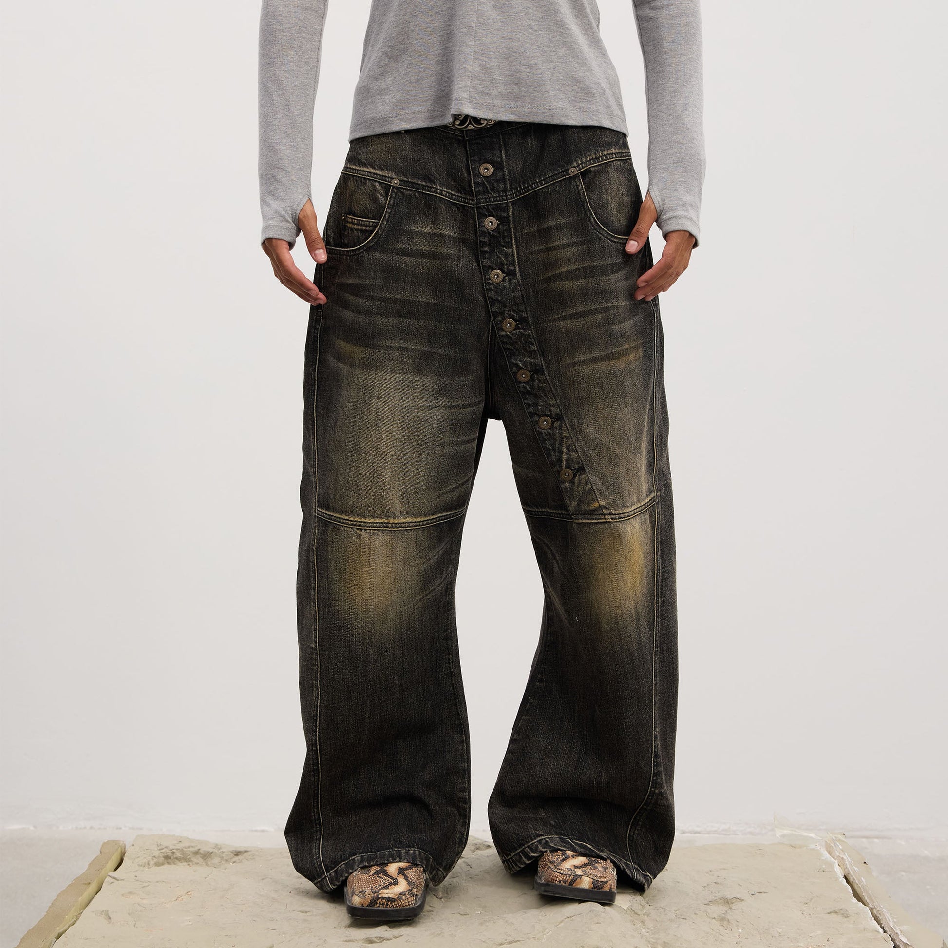 DND4DES Asymmetric Button-Fly Panel Washed Jeans-Jeans-XS-Black-Free Shipping Leatheretro
